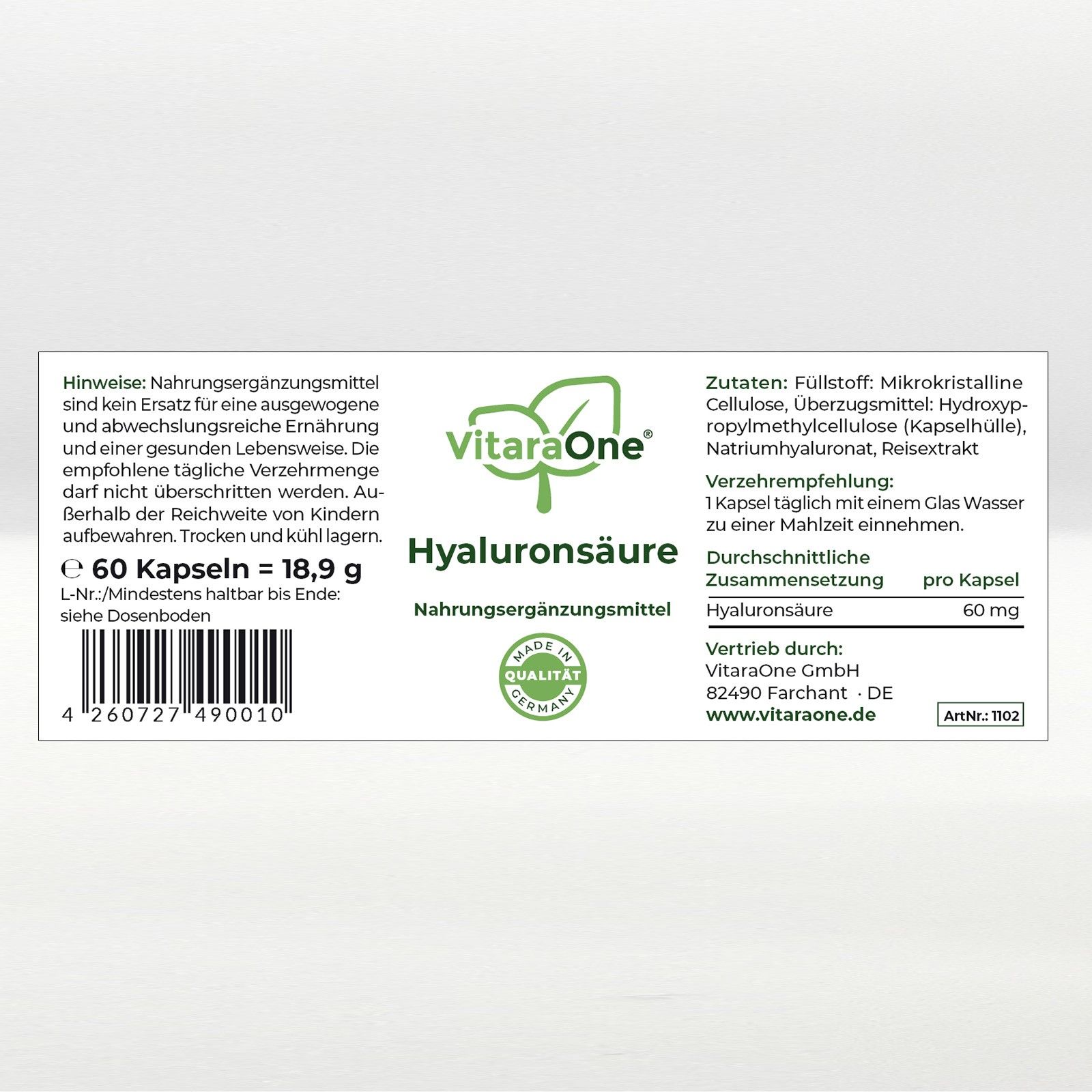 Etikett mit Logo, Produktname Hyaluronsäure, Inhaltsangaben und Herstellerinformationen. Qualitätszeichen.