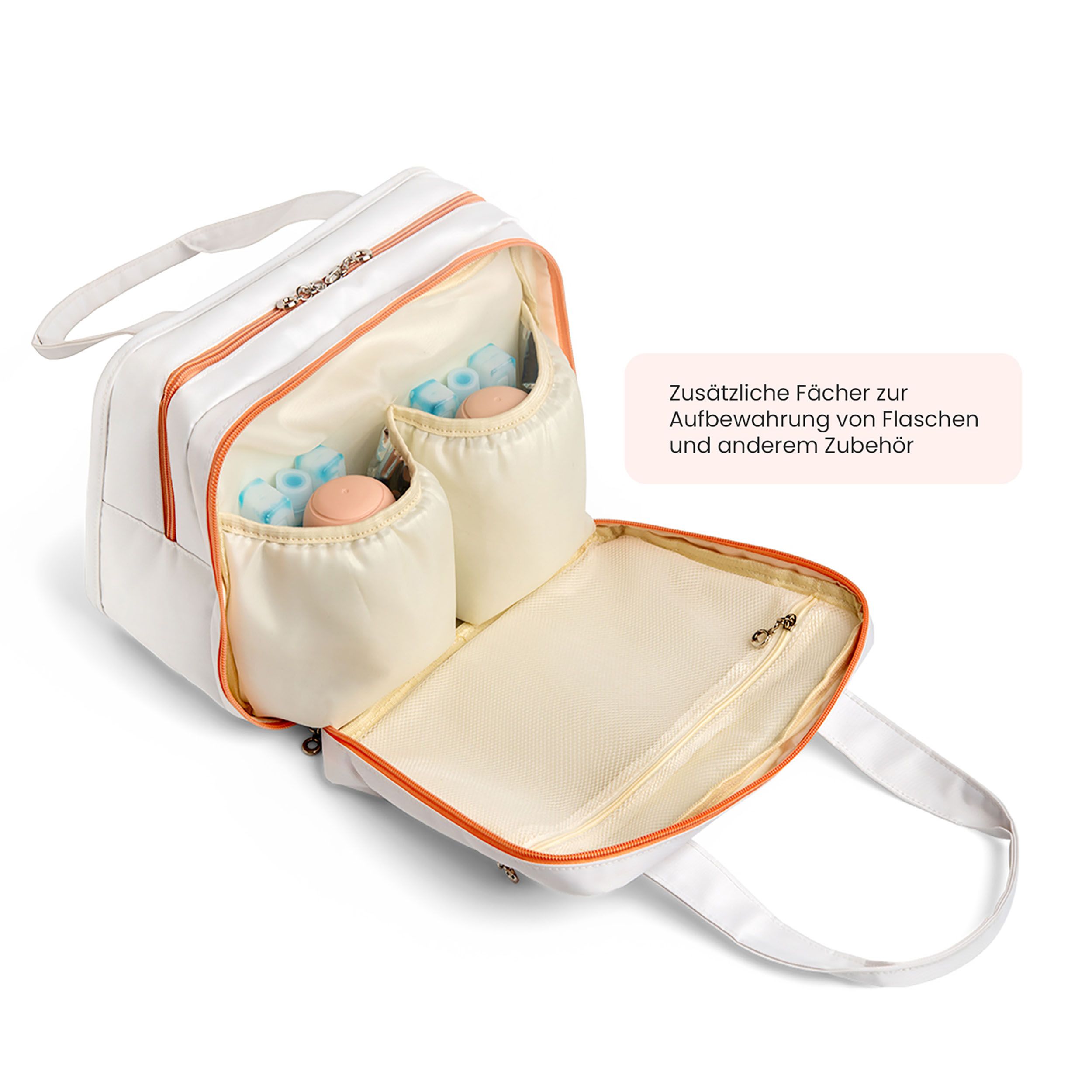 Geöffnete weiße Isoliertasche. Innenfächer für Flaschen und Zubehör. Orangefarbene Akzente.