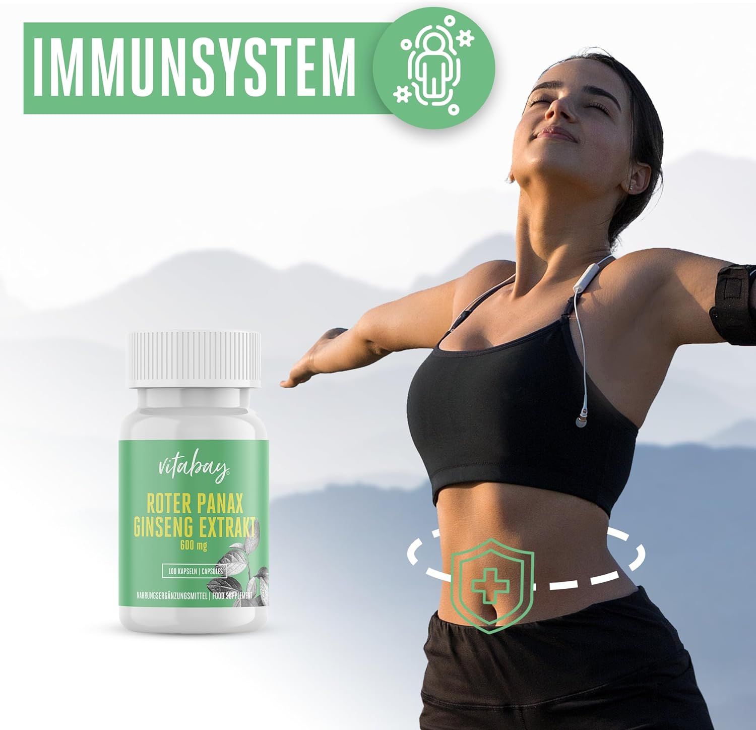Frau mit erhobenen Armen neben einer Flasche. Text: Immunsystem. Produkt: Vitabay Roter Panax Ginseng Extrakt 600mg.