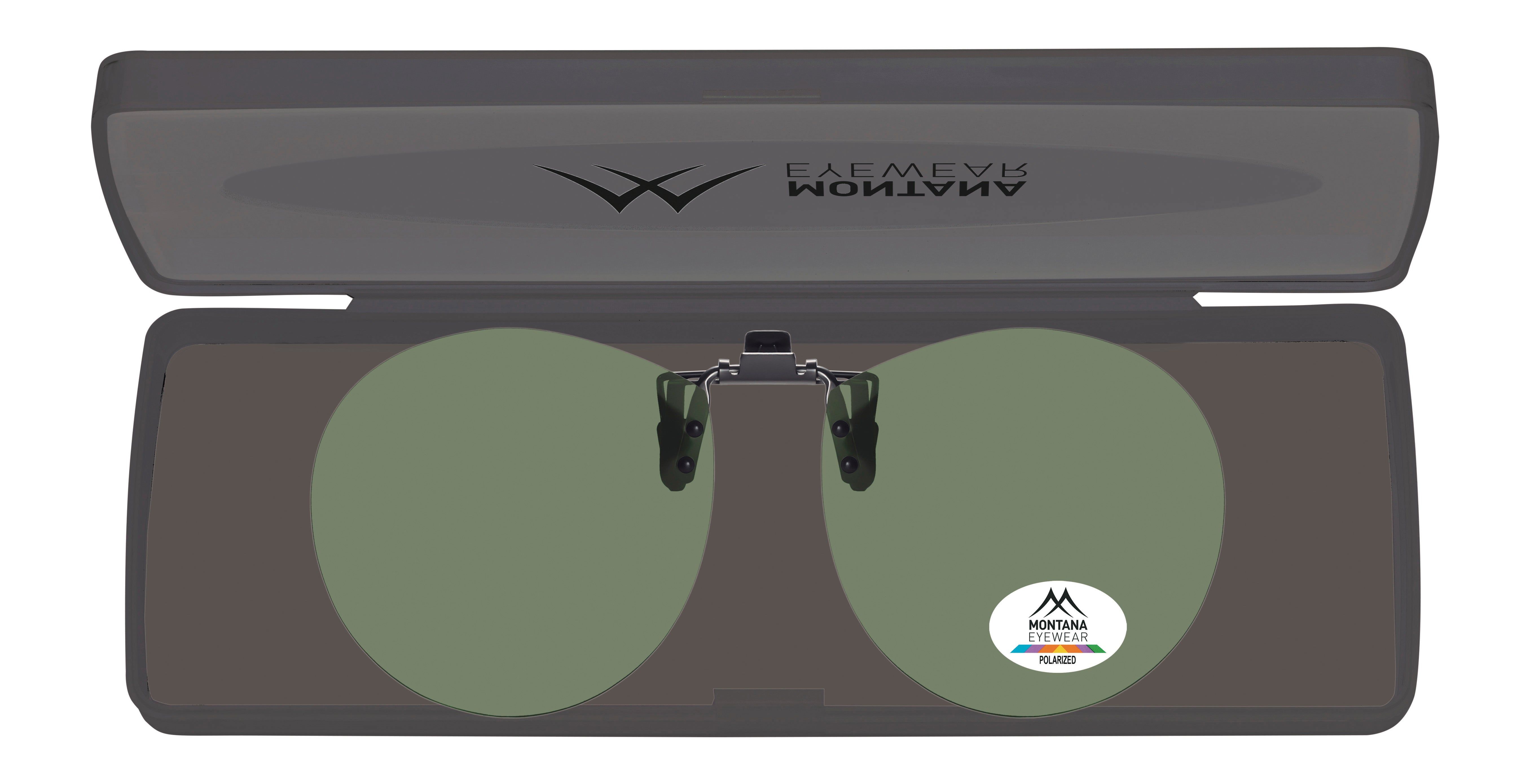 Montana Eyewear Sopot Clip-on-Sonnenbrille in Etui. Runde, grüne Gläser. Clip-on-Mechanismus. Logo und Polarized-Aufkleber.