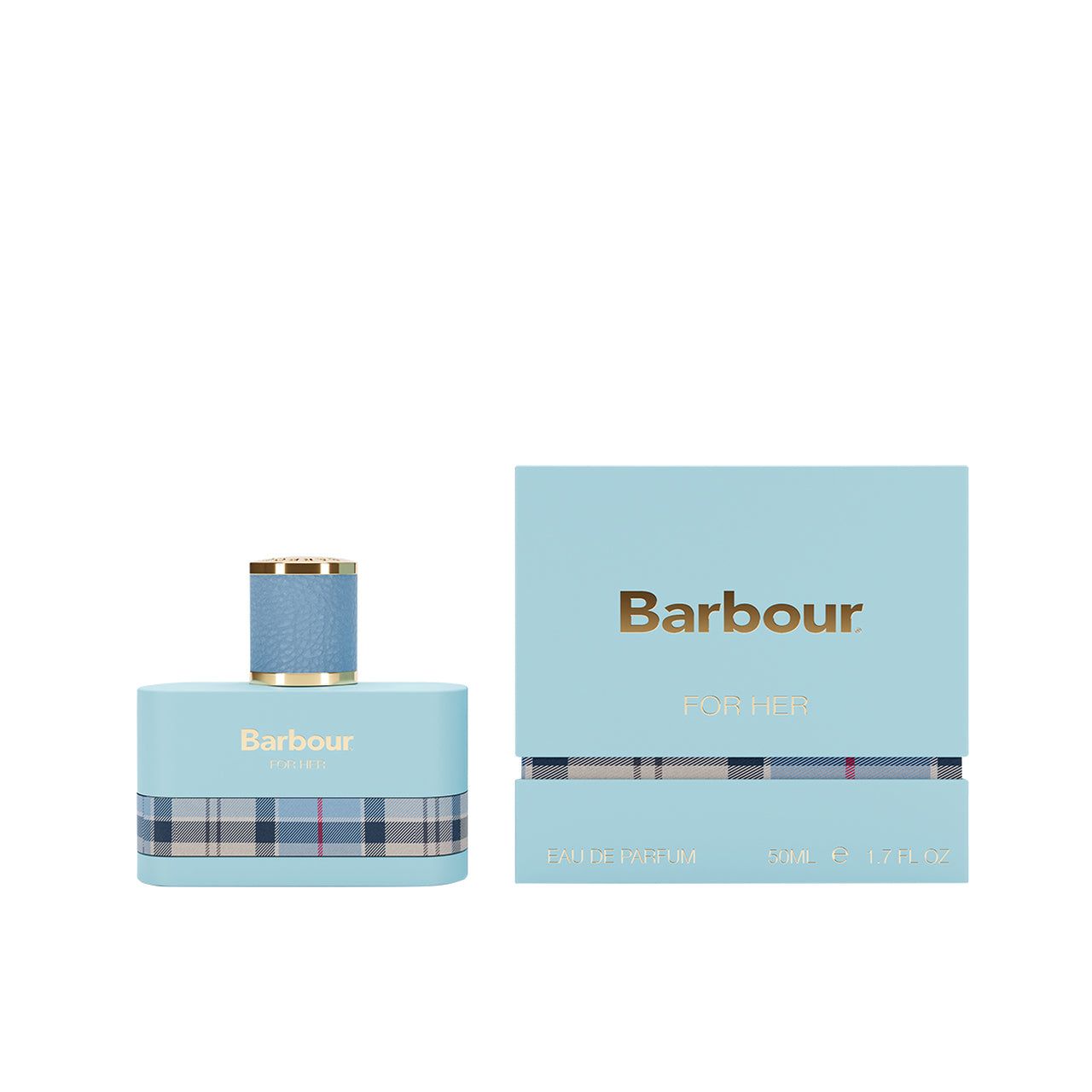 Hellblaues Parfümflakon und Schachtel. Flakon mit goldfarbenem Deckel und blauem Leder. Schachtel mit Barbour-Logo.