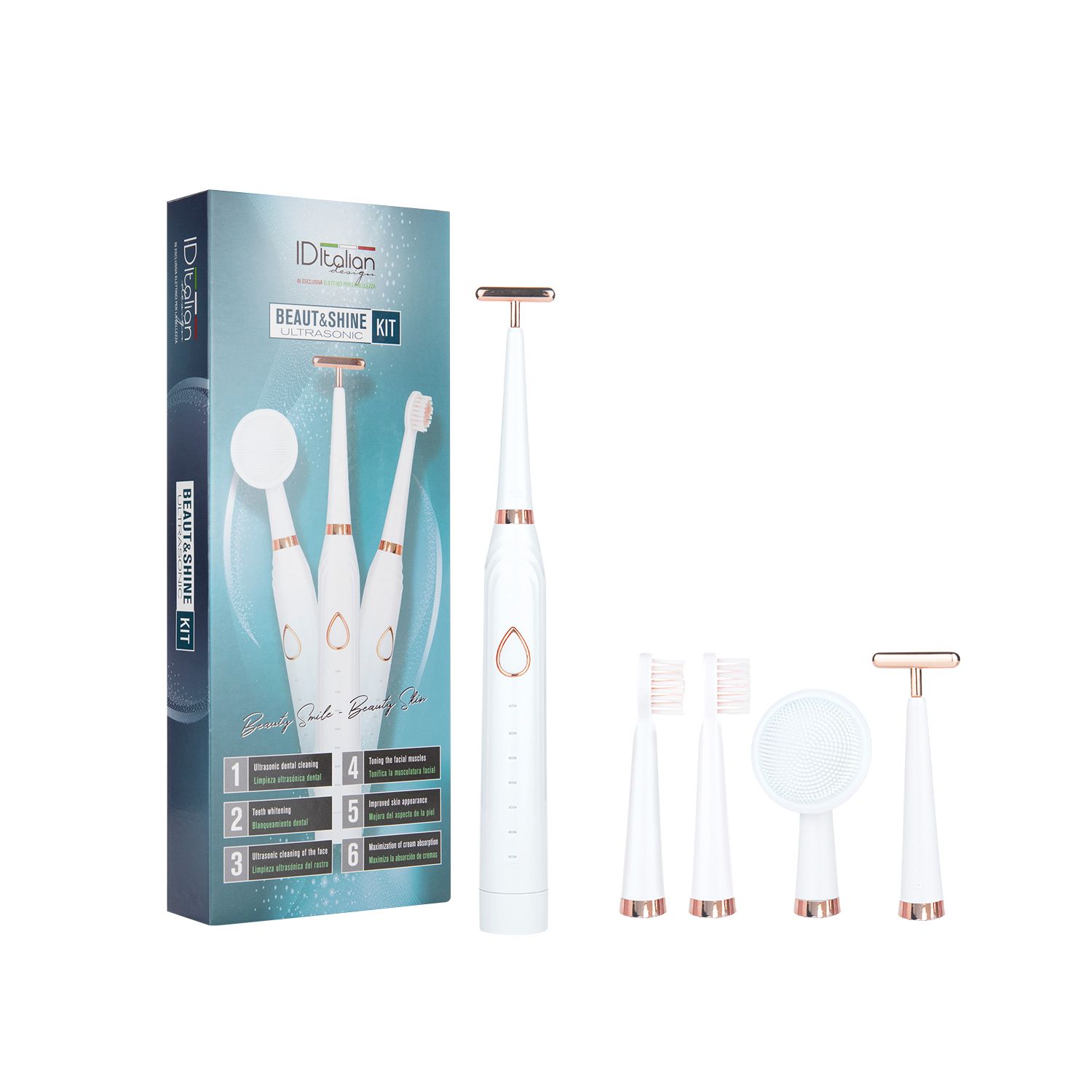 Kit-Verpackung mit weißem, roségoldfarbenem 3-in-1-Ultraschall-Gesichts- und Zahnpflegeset. Enthält Basis, Bürstenköpfe, Rasierer und Gesichtsreinigungsbürste.
