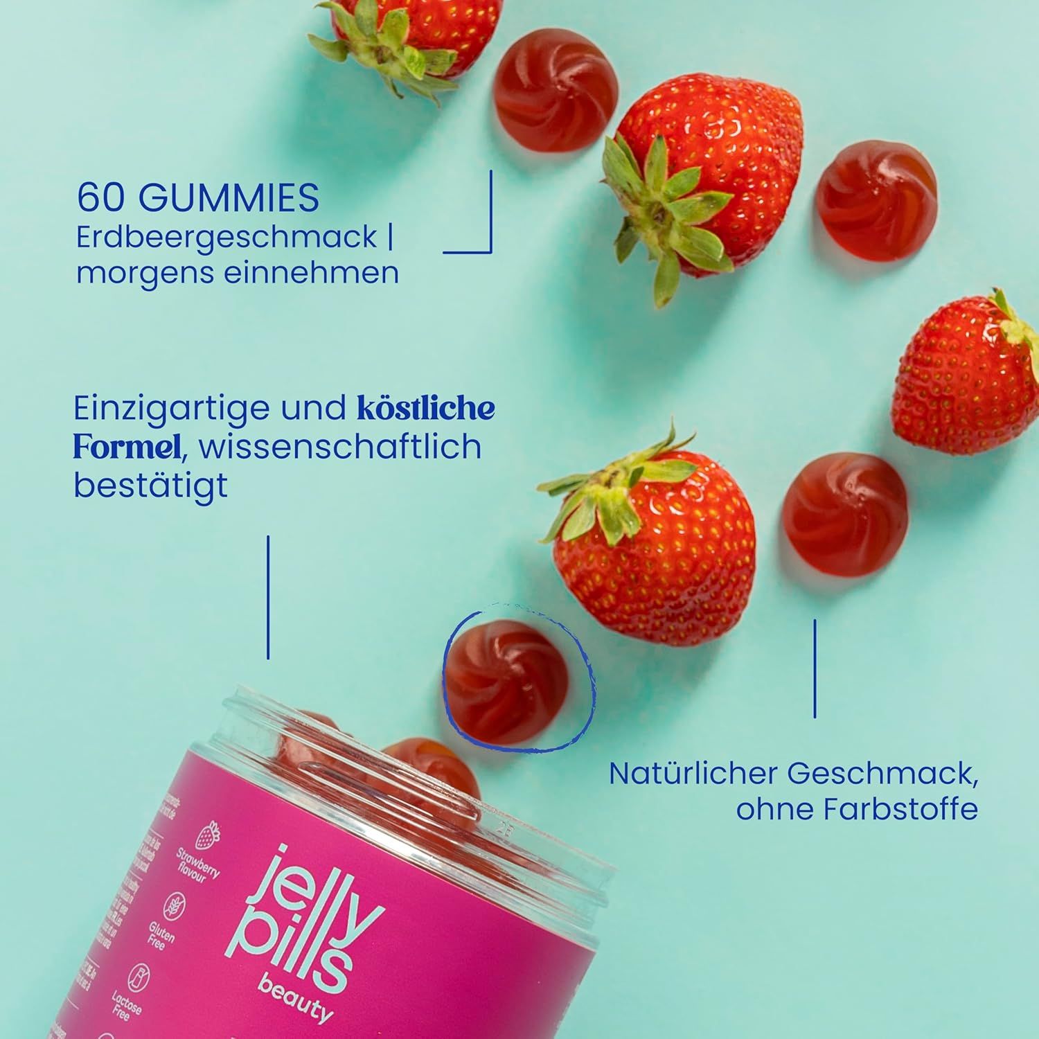 Dose "Jelly Pills beauty beauty skin GUMMIES" mit Erdbeeren und Gummibärchen. Natürlicher Geschmack, ohne Farbstoffe.