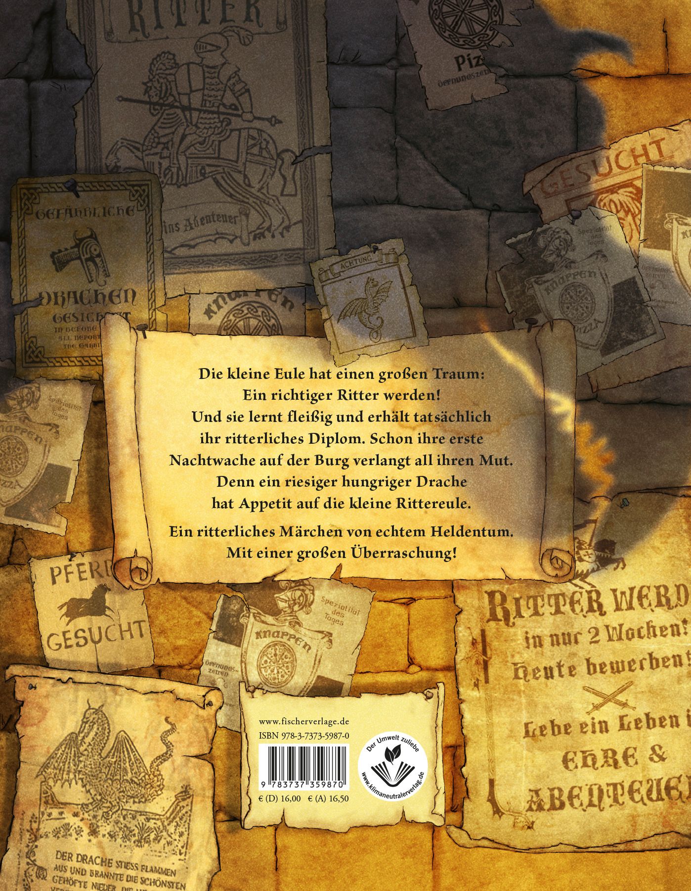 Rückseite des Buches "Die kleine Rittereule". Text auf Pergamentrolle. ISBN, Preis und Verlagshinweis. Siegel.