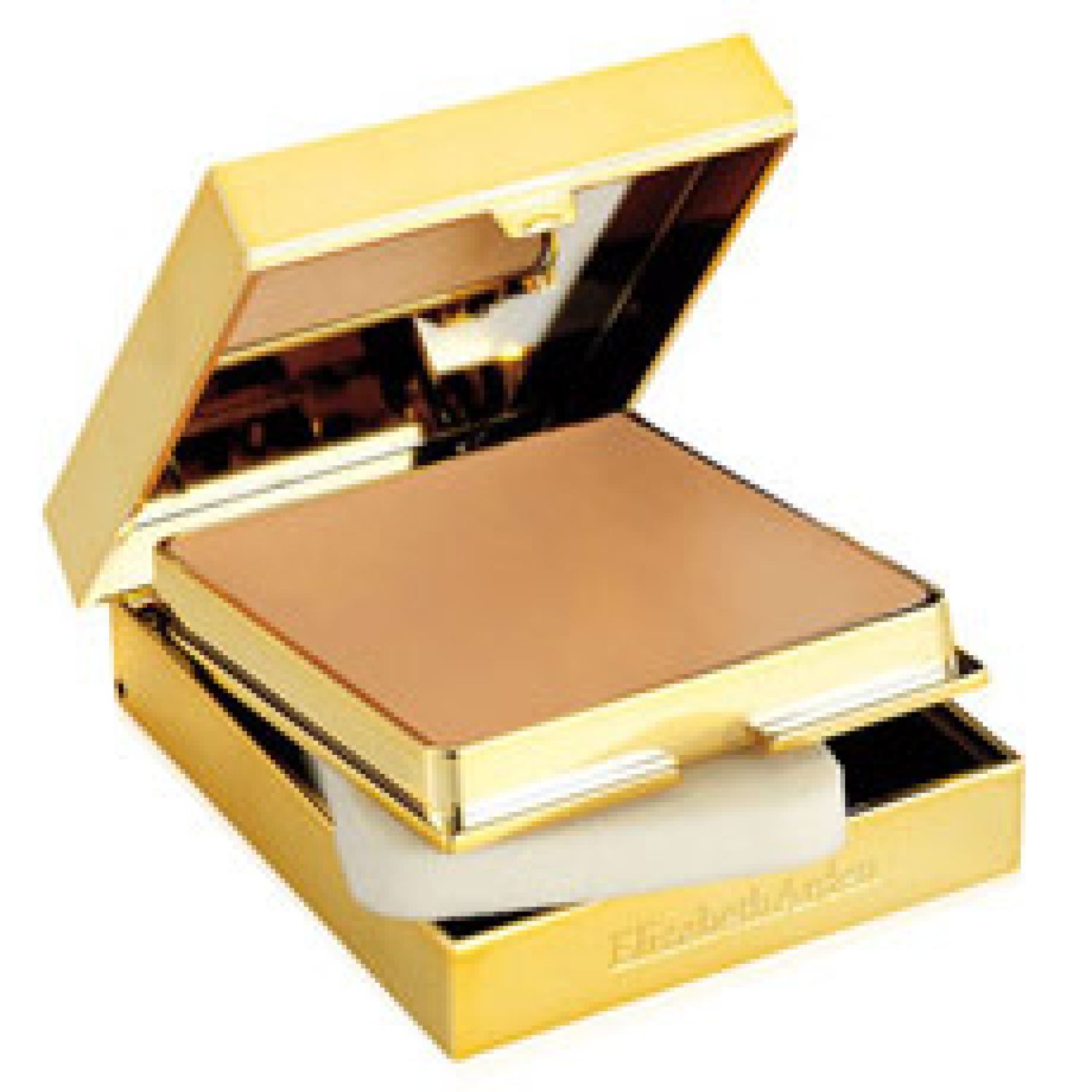 Goldfarbene Foundation-Verpackung, geöffnet. Enthält Foundation und Schwamm. Elizabeth Arden.