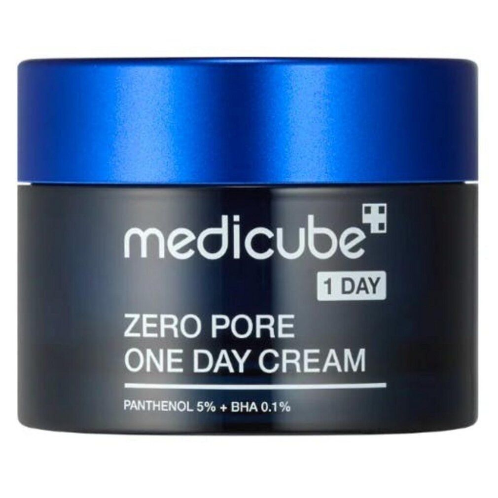 Medicube Zero Pore One Day Cream in schwarzem Tiegel mit blauer Kappe. Enthält Panthenol und BHA.