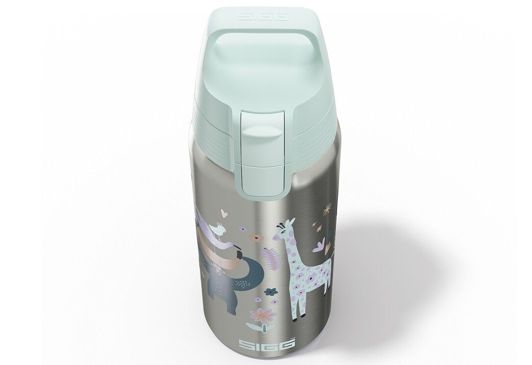 Draufsicht auf eine Edelstahl-Trinkflasche mit mintfarbenem Deckel. Mit Tier- und Blumendekor. SIGG-Logo.