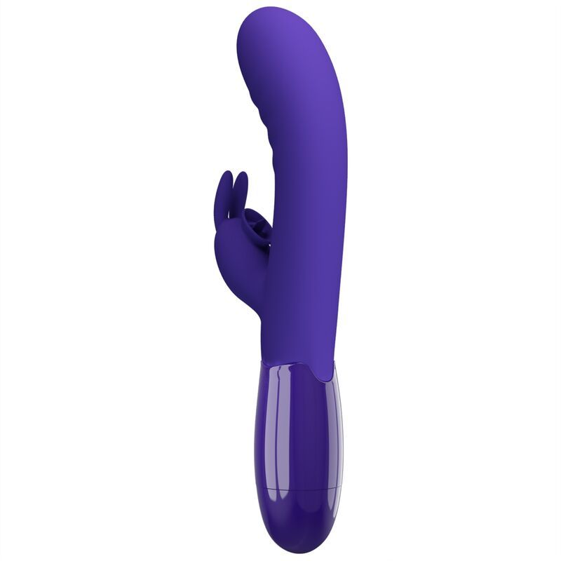 Violett farbiger Vibrator mit Hasenohren-Design. Gebogene Form. Sicht von der Seite.