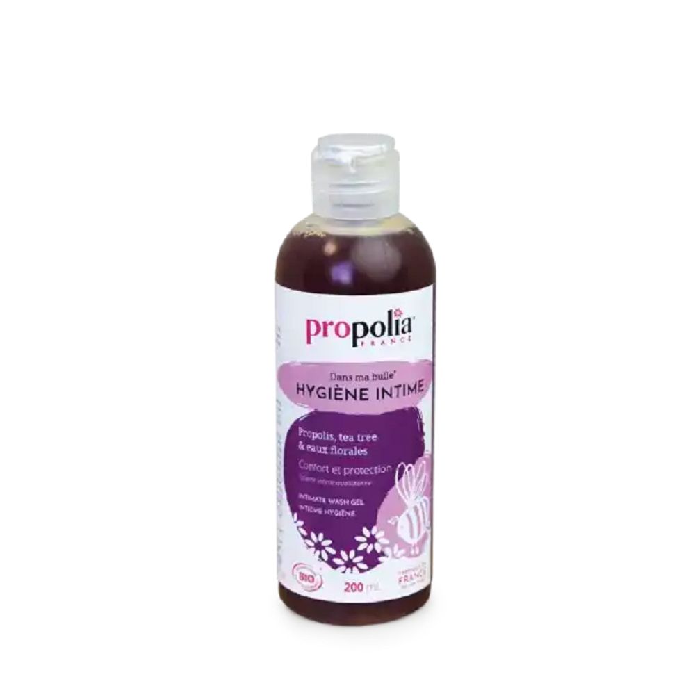 Flasche Intimwaschgel. Lila Etikett mit Text und Logo. 200 ml. Bio-Zertifizierung.