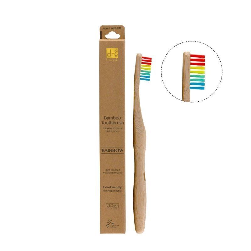 Bambuszahnbürste mit Regenbogenborsten und Verpackung.