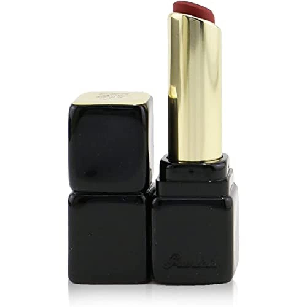 Lippenstift mit schwarzem quadratischem Gehäuse und goldfarbener Hülse. Der Lippenstift ist rot. Guerlain-Logo am Boden.