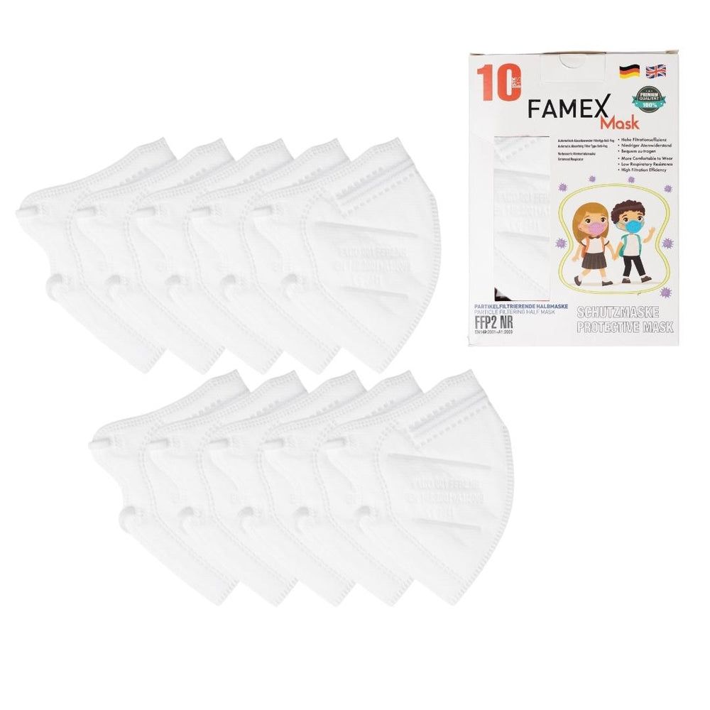 Weiße FFP2-Masken, lose und in Verpackung. Verpackung mit Aufdruck "FAMEX Mask" und Illustration von Kindern mit Masken. FFP2-Kennzeichnung.