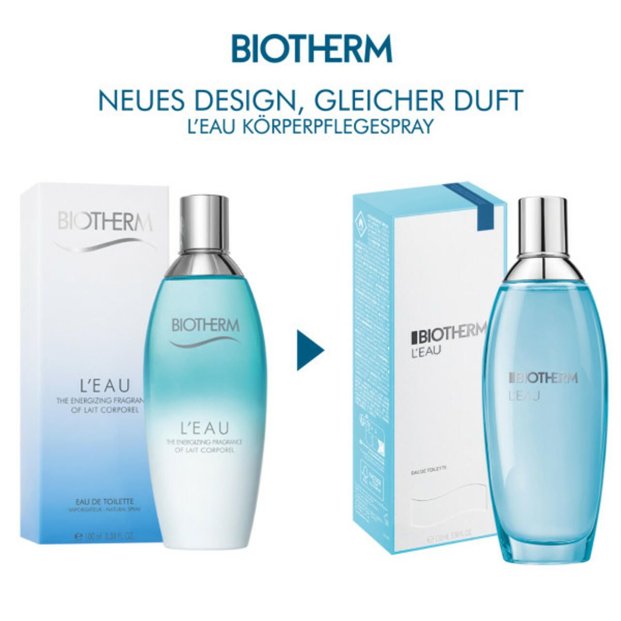 Vergleich von Flakon und Verpackung. Aufschrift: BIOTHERM L'EAU. Text: Neues Design, gleicher Duft.