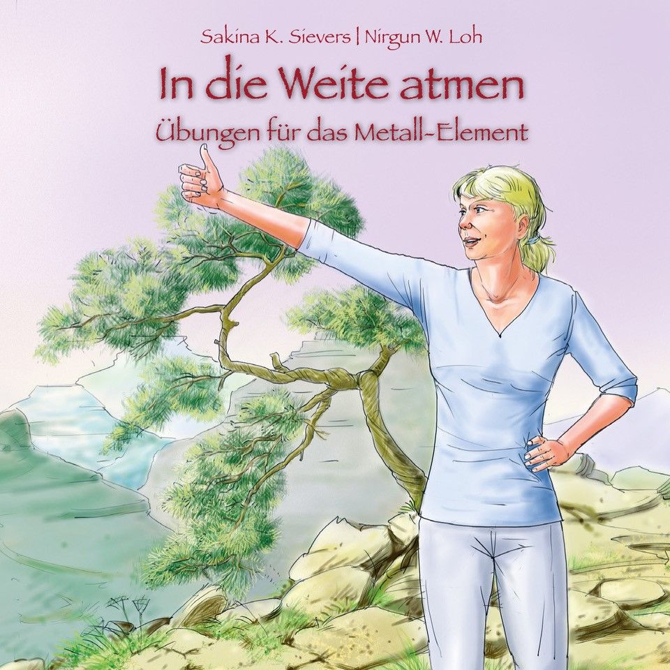 Buchcover mit Titel "In die Weite atmen". Frau mit erhobenem Daumen vor Landschaft. Titel und Autorennamen oben.