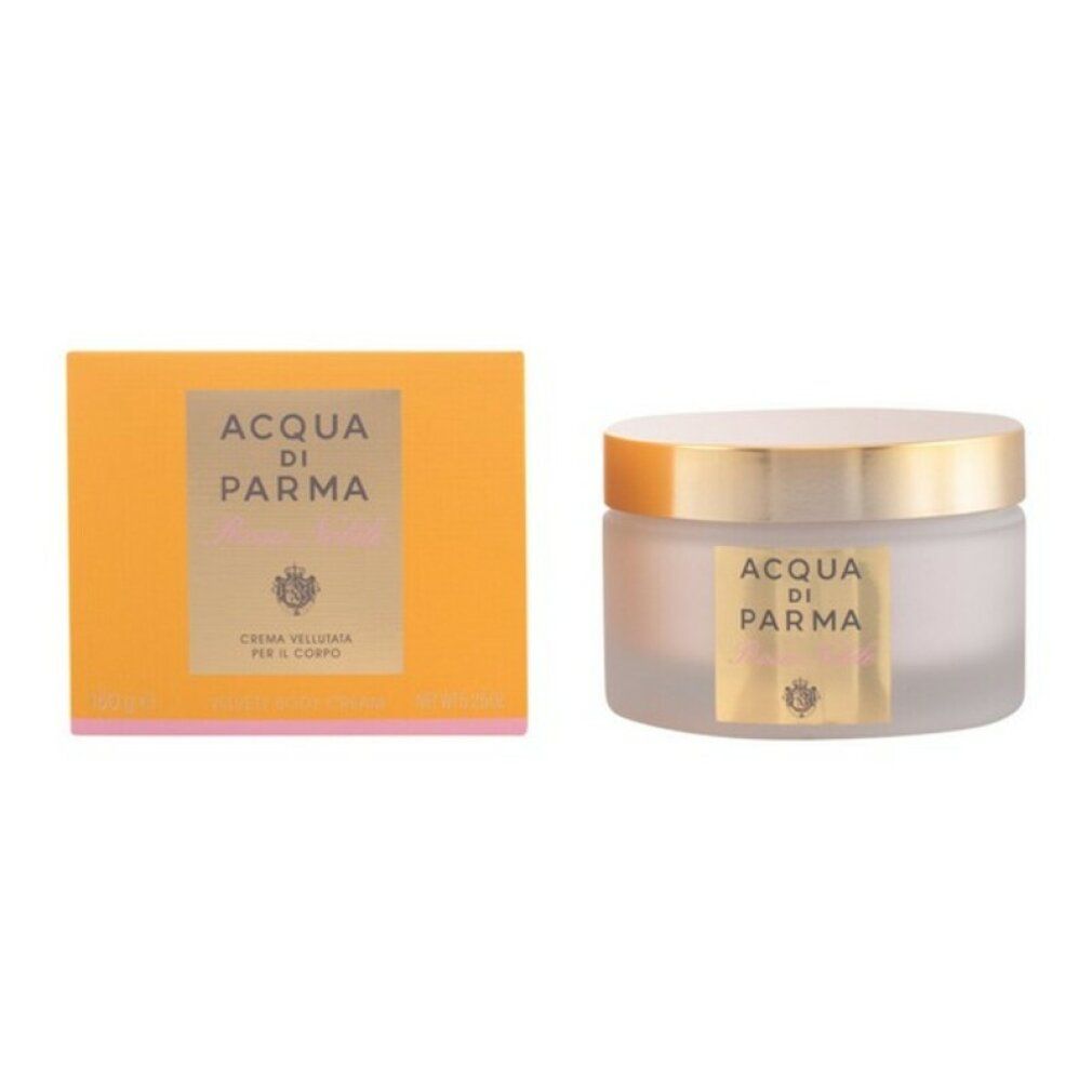Creme-Tiegel und Schachtel. Goldfarbener Deckel, goldfarbenes Etikett mit Logo. Text: ACQUA DI PARMA, CREMA VELLUTATA PER IL CORPO.