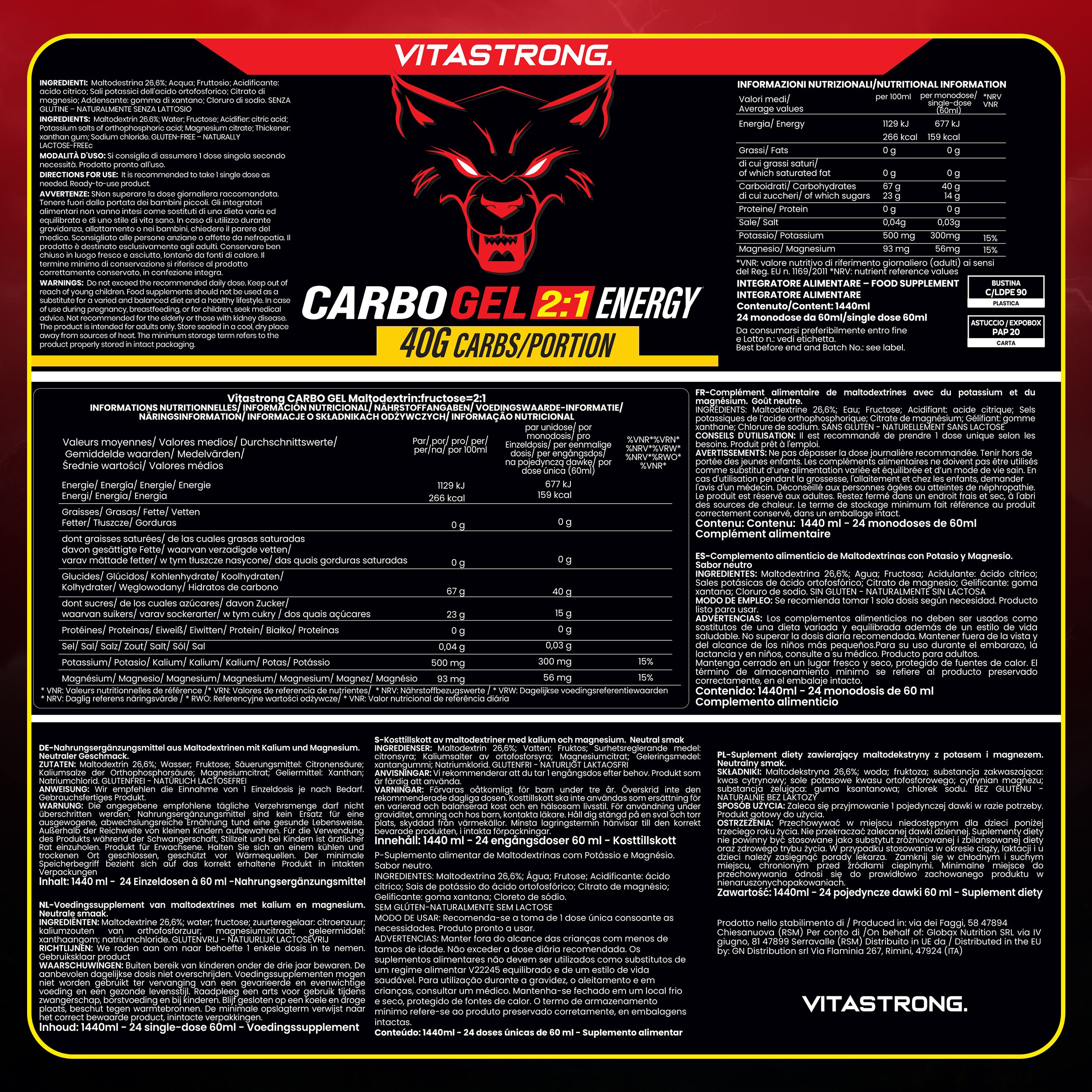 Vitastrong CARBO GEL 2:1. Produktinformationen. Text: Nährwertangaben, Inhaltsstoffe, Zutaten. 24 Einzelportionen.
