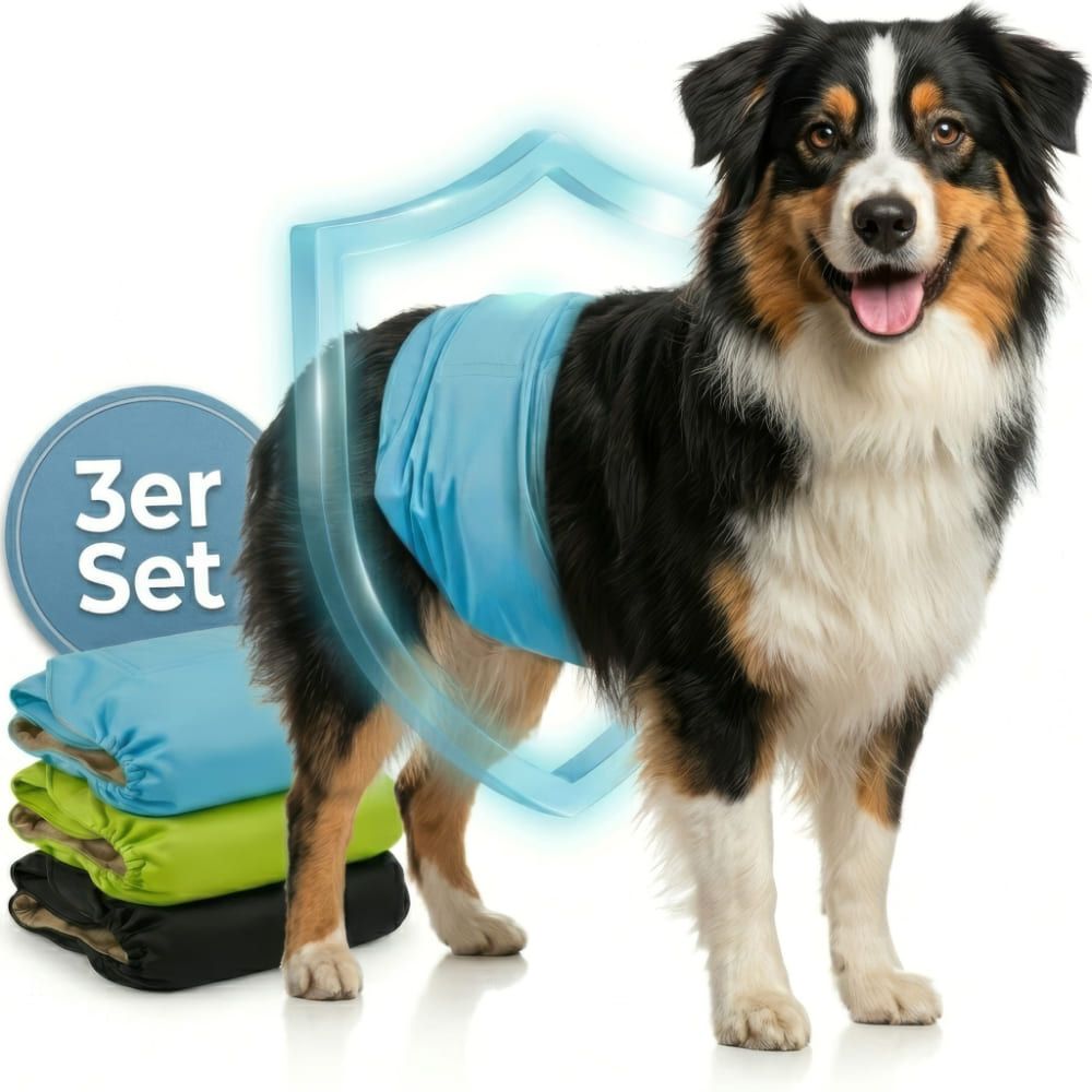 Hundewindeln für Rüden, blau, grün und schwarz. 3er Set. Hund trägt blaue Windel. Schild-Symbol.