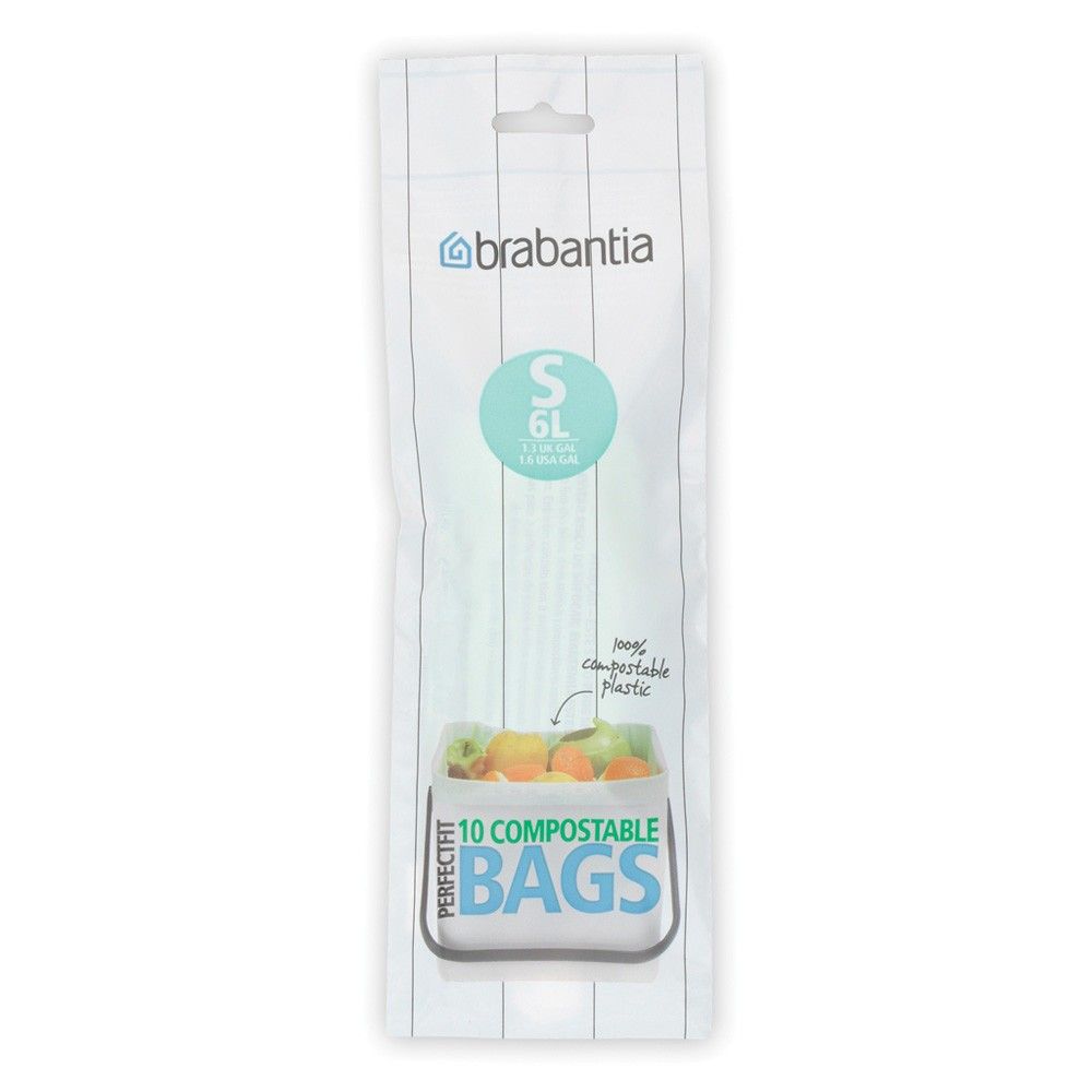 Verpackung mit "Brabantia"-Logo. Enthält 10 kompostierbare Müllbeutel, Größe S, 6L. Mit Illustration von Obst.