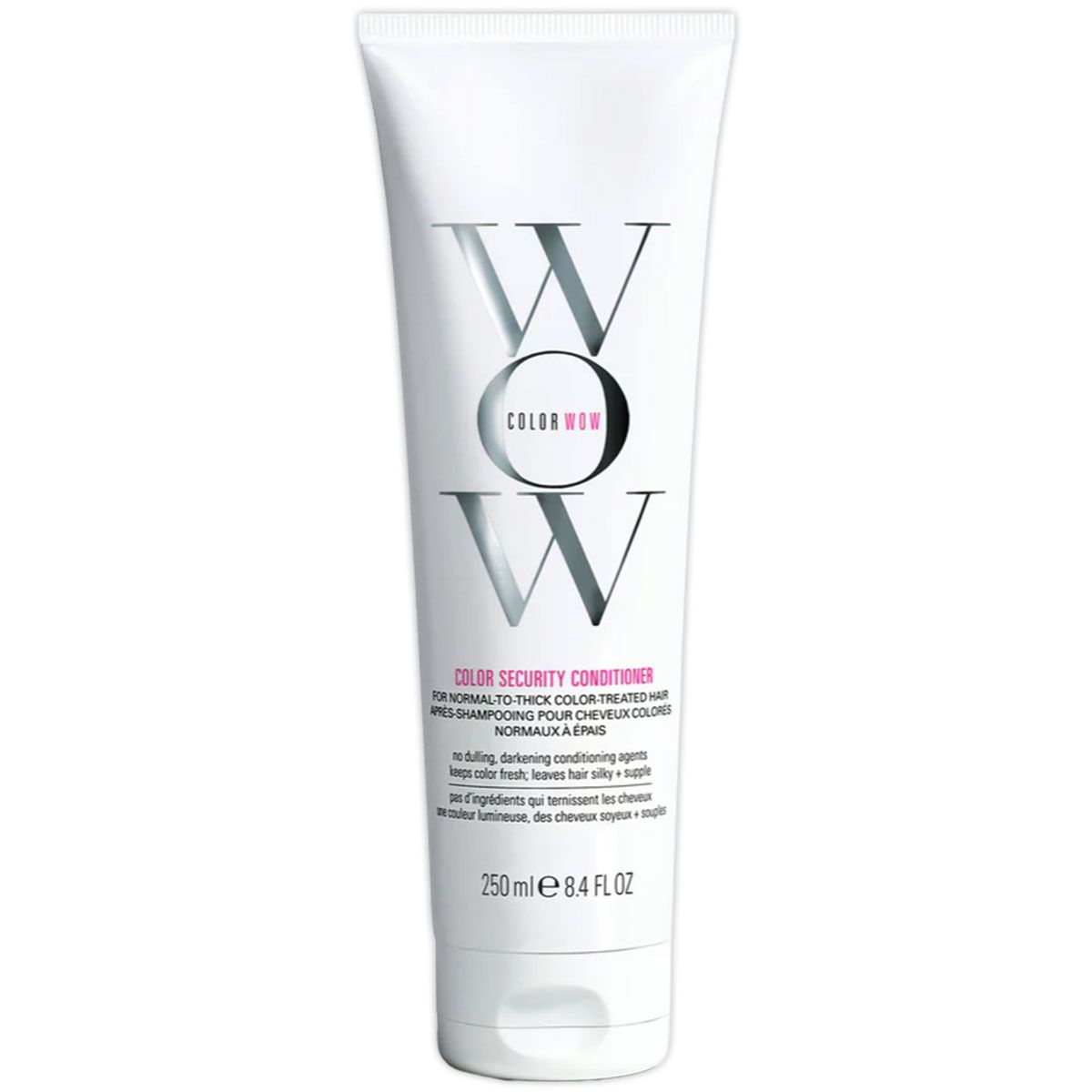 Weiße Tube des Color Security Conditioners mit silbernem 'WOW'-Logo und pinker Produktbezeichnung.