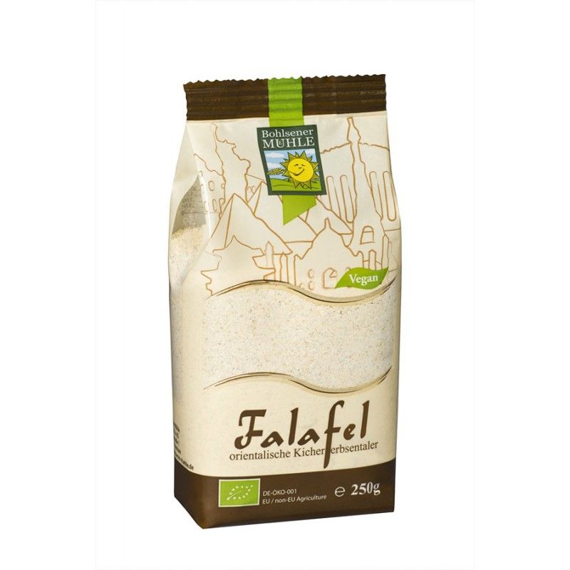 Falafel-Mischung in Beutelverpackung. Aufdruck: "Bohlsener Mühle", "Falafel", "Vegan", Bio-Siegel. Inhalt: 250g.