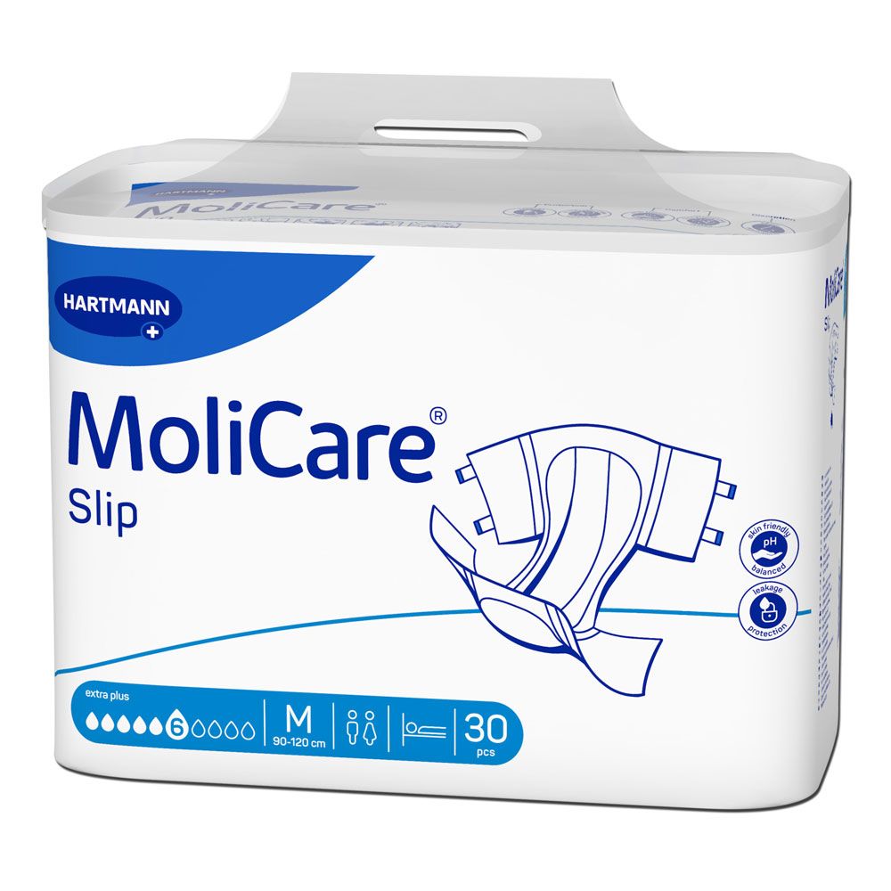 Weiße Verpackung mit MoliCare Slip. Blaue Schriftzüge und Illustration einer Windel. Größe M, 30 Stück.