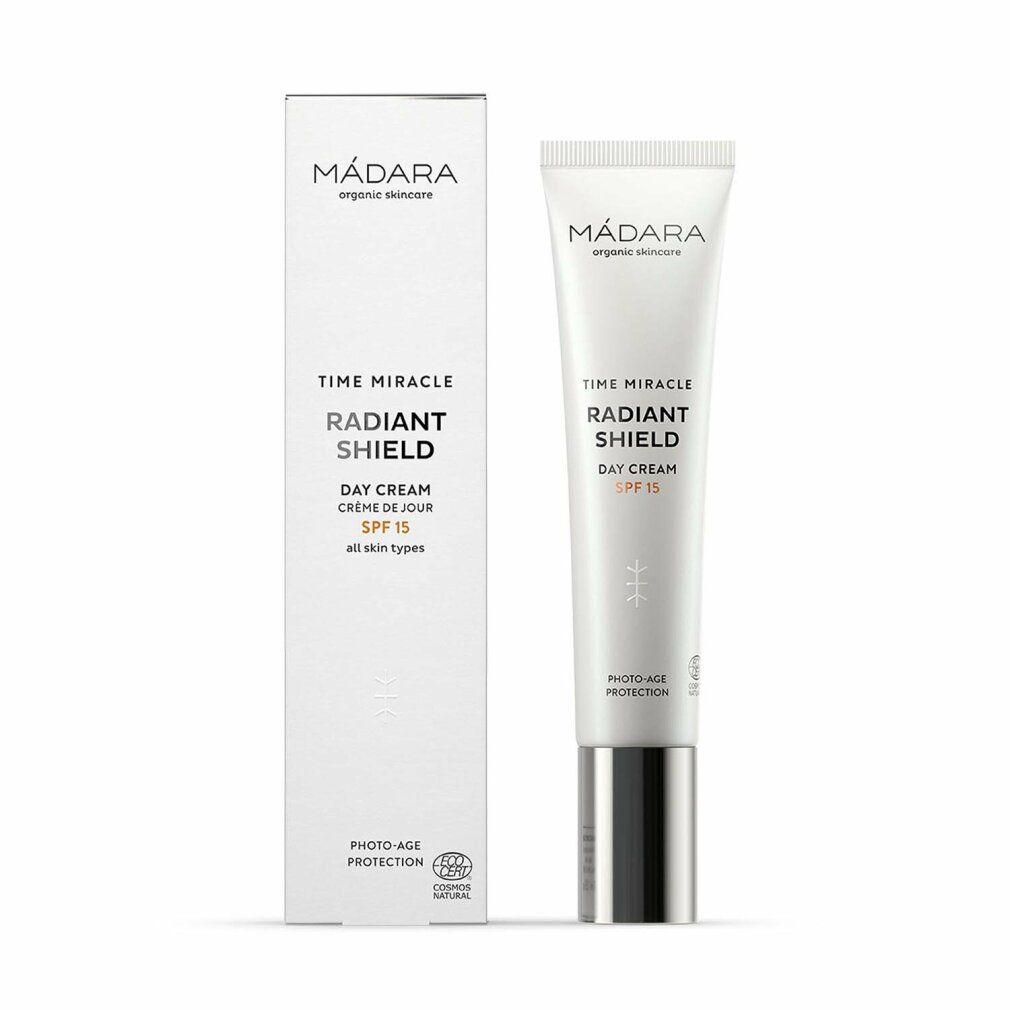 Produktverpackung mit Creme-Tube. Weiße Schachtel und Tube. Produktname und SPF15 sind sichtbar.