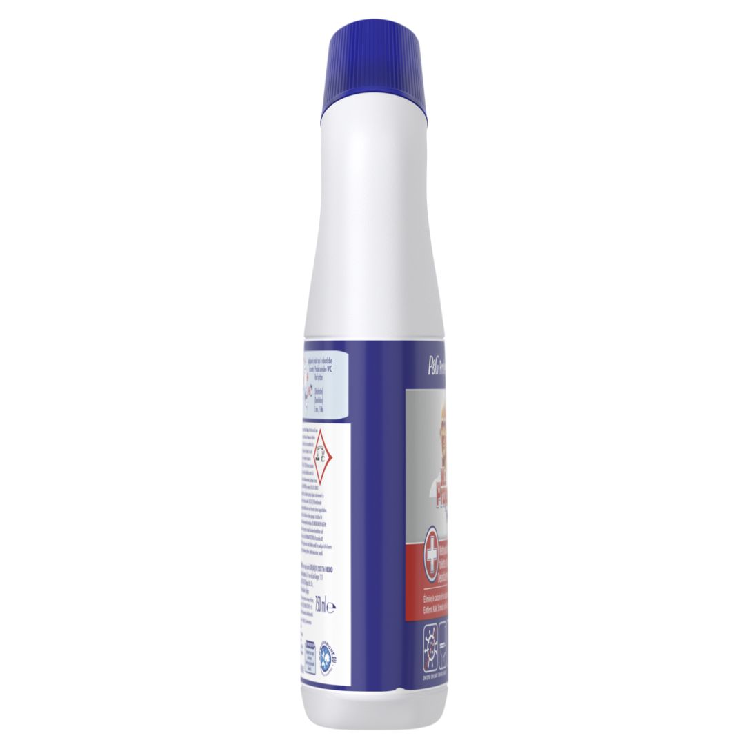 Weiße Flasche mit blauem Deckel. Aufschrift: P&G Professional, Mr. Proper. Etikett mit Text und Logo.