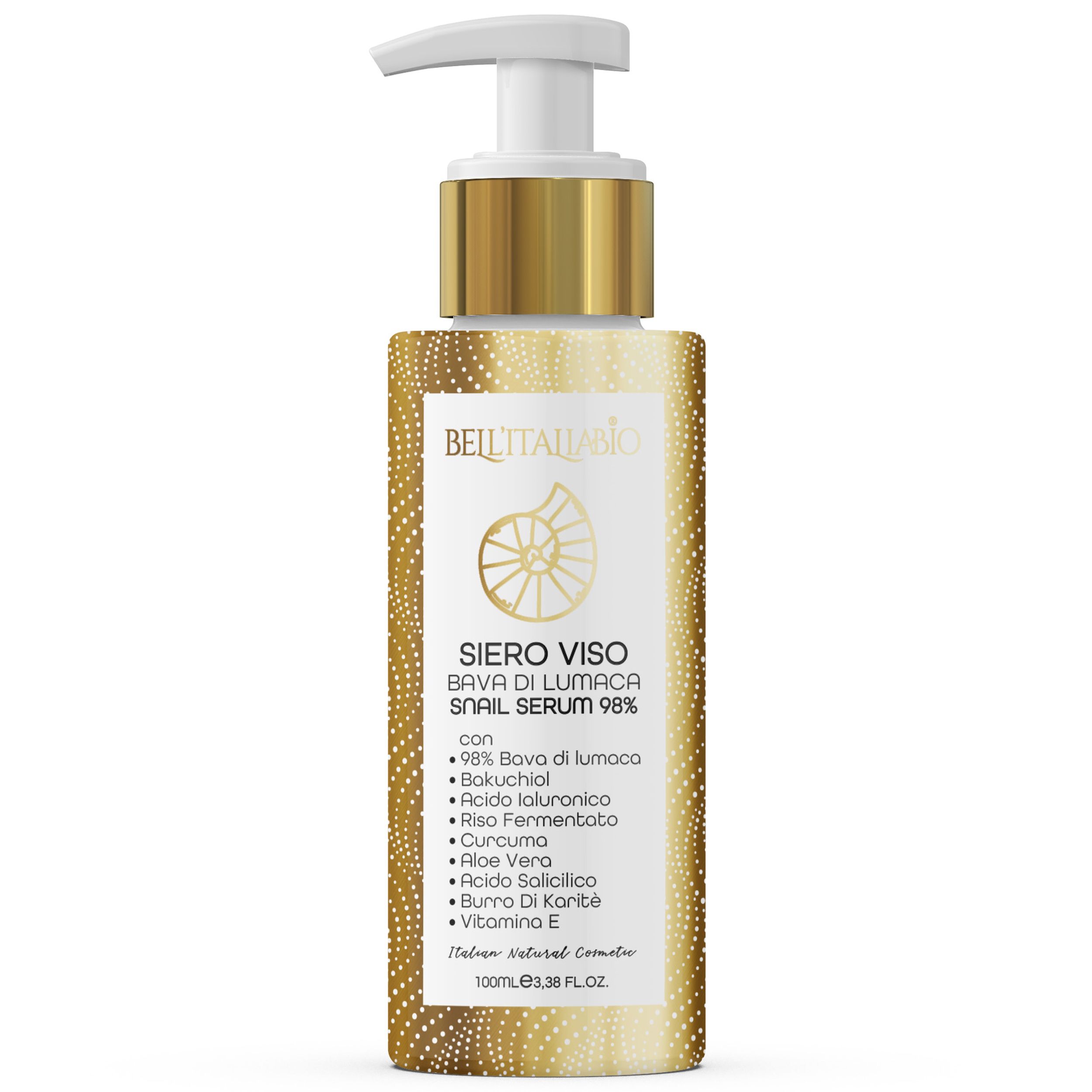 Gesichtsserum-Flasche mit Pumpe. Goldfarbene Details. Text: Siero Viso Bava di Lumaca Snail Serum 98%. Inhaltsstoffe aufgelistet.