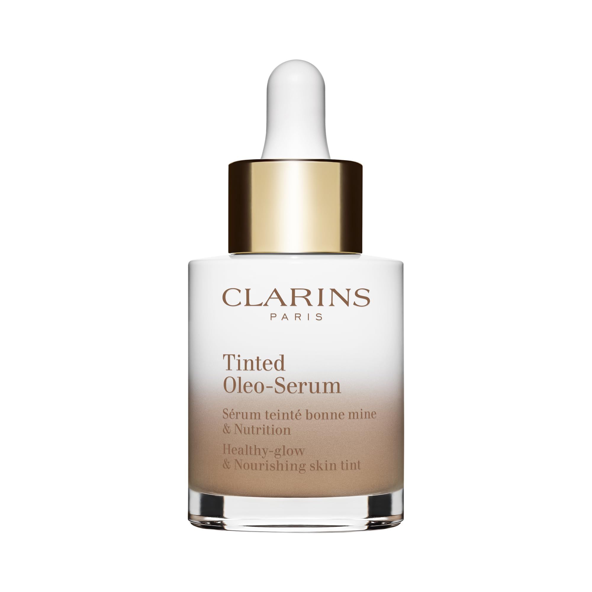 Clarins Tinted Oleo-Serum Flasche mit Pipette. Weißes Glas, goldener Deckel, Produktbezeichnung und Text.