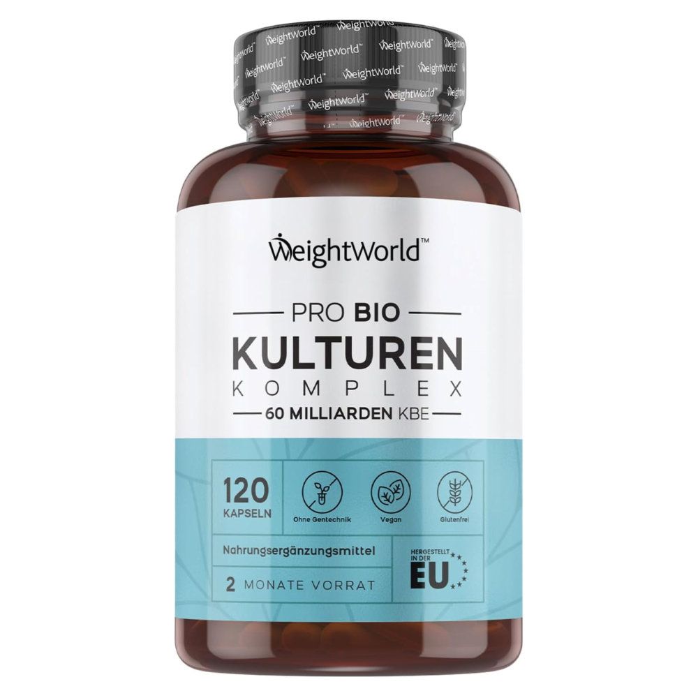 Braune Flasche mit weißen Kapseln. Aufschrift: WeightWorld Pro Bio Kulturen Komplex, 120 Kapseln, 2 Monate Vorrat.