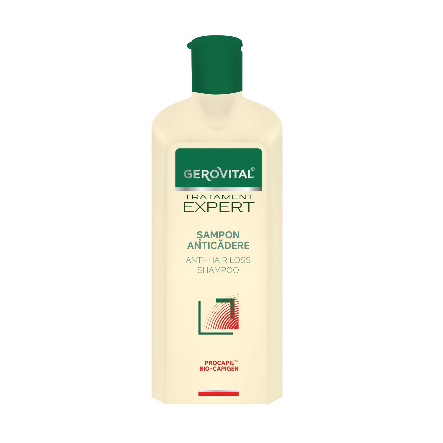Beige Shampoo-Flasche mit grünem Deckel. Aufschrift: Gerovital, Tratament Expert, Sampon Anticadere, Anti-Hair Loss Shampoo.