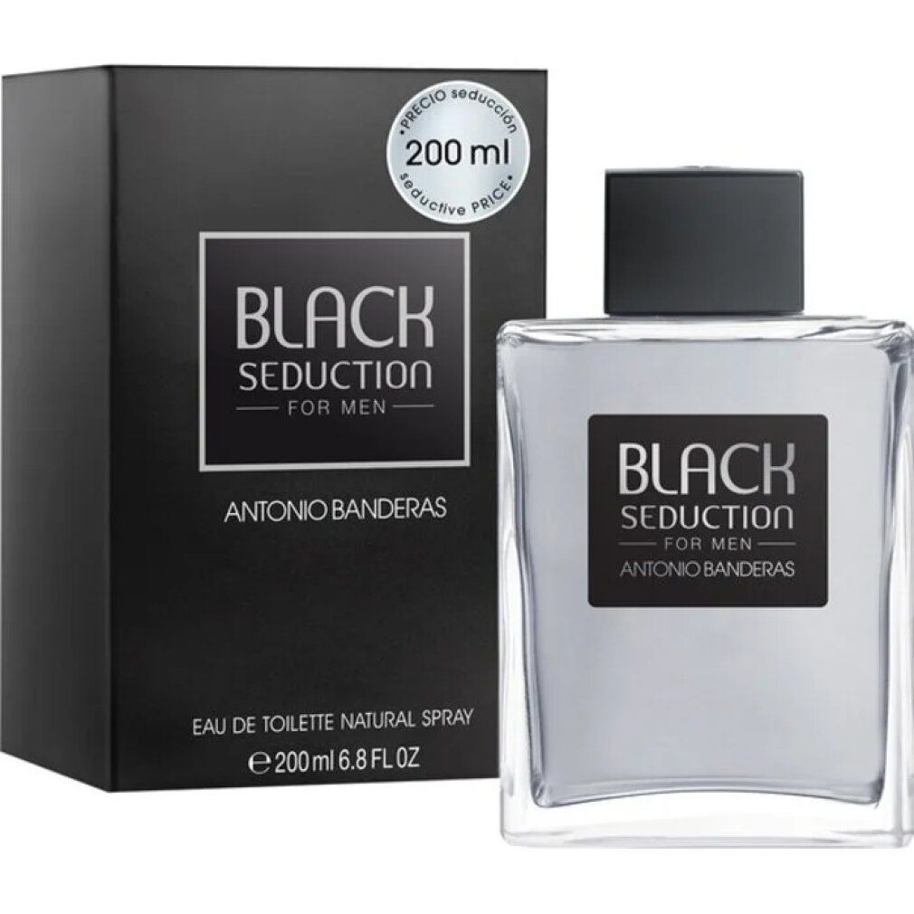 Eau de Toilette Spray und Verpackung. Schwarze rechteckige Schachtel mit Produktname. Flakon mit schwarzem Deckel und Etikett.