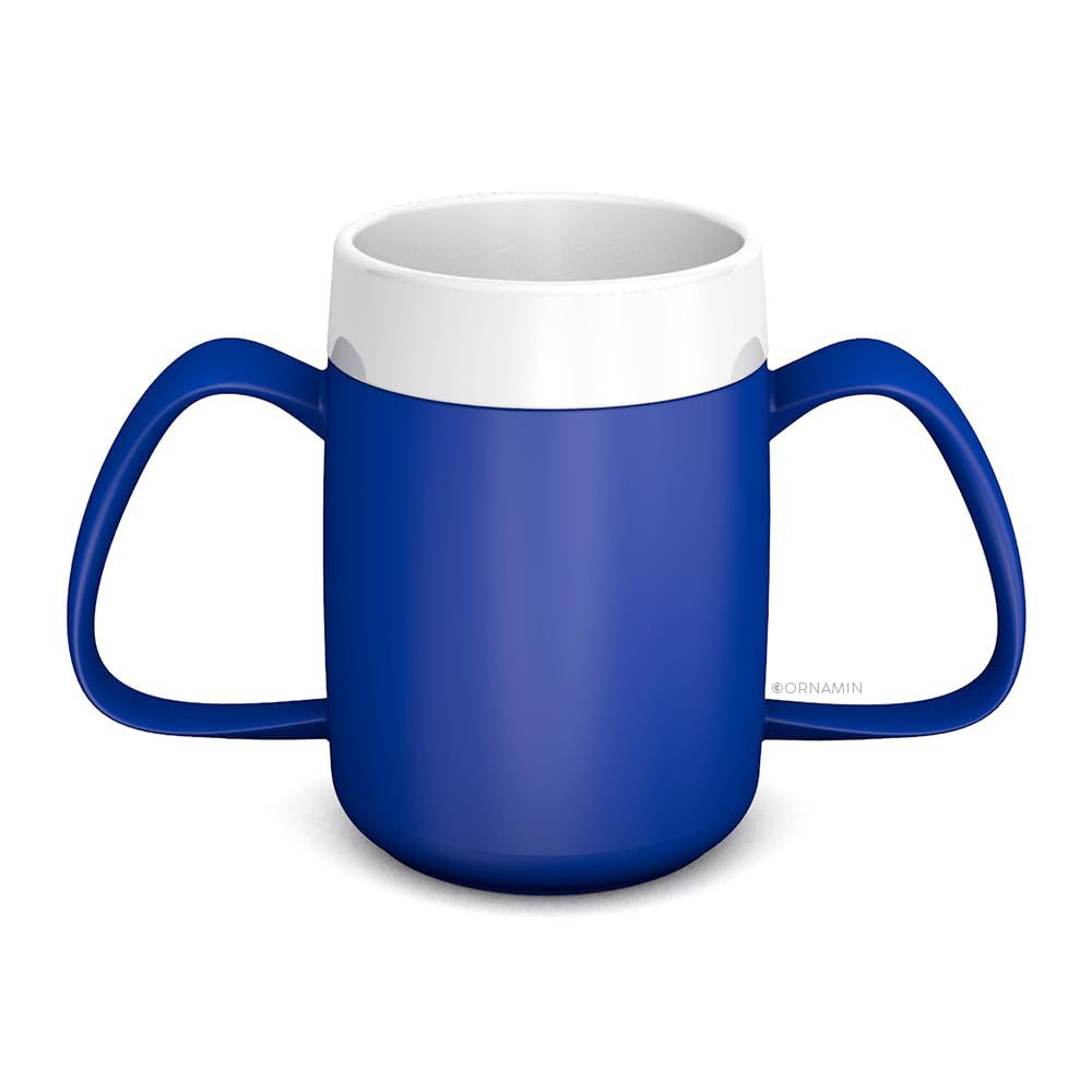 Blauer Becher mit zwei Henkeln und weißem Rand.
