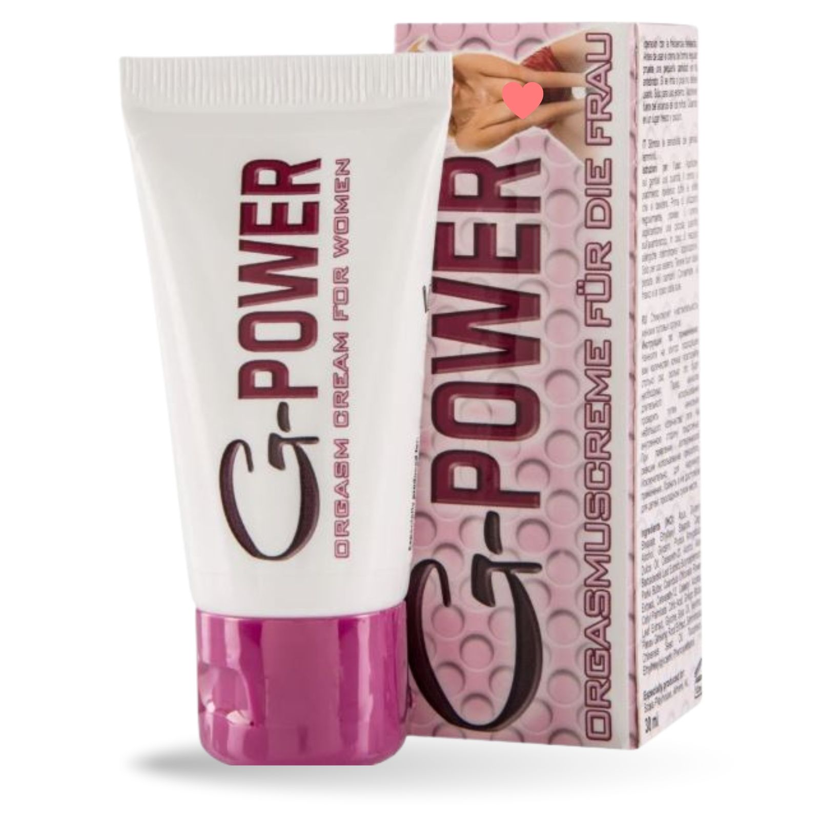 Creme-Tube mit roter Kappe. Text: G-POWER, ORGASM CREAM FOR WOMEN. Box mit Text: ORGASMUSCREME FÜR DIE FRAU.