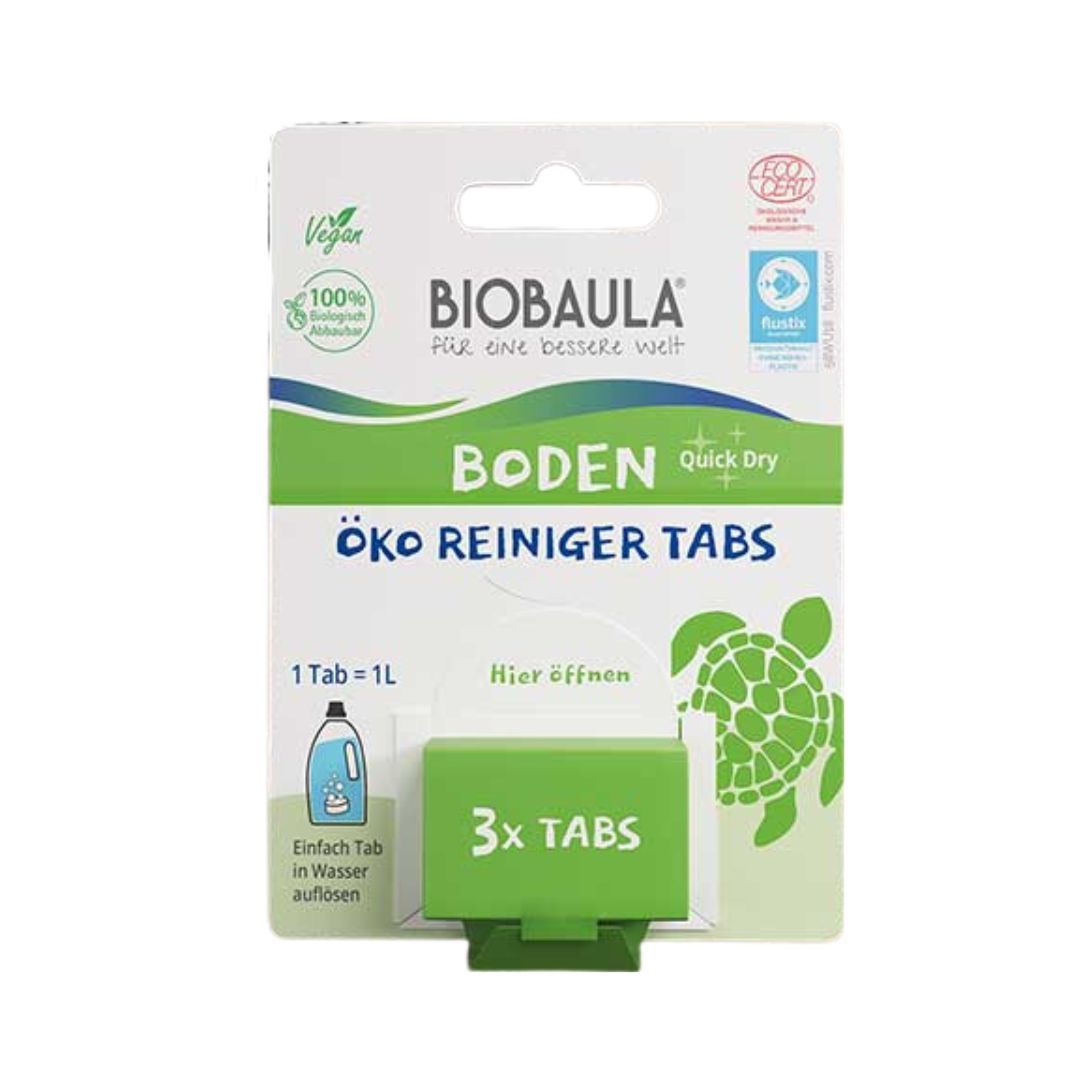 Verpackung mit Biobaula Bodenreiniger Tabs. Enthält 3 Tabs. Vegan, mit Öko-Zertifizierung. Aufschrift: ÖKO REINIGER TABS.