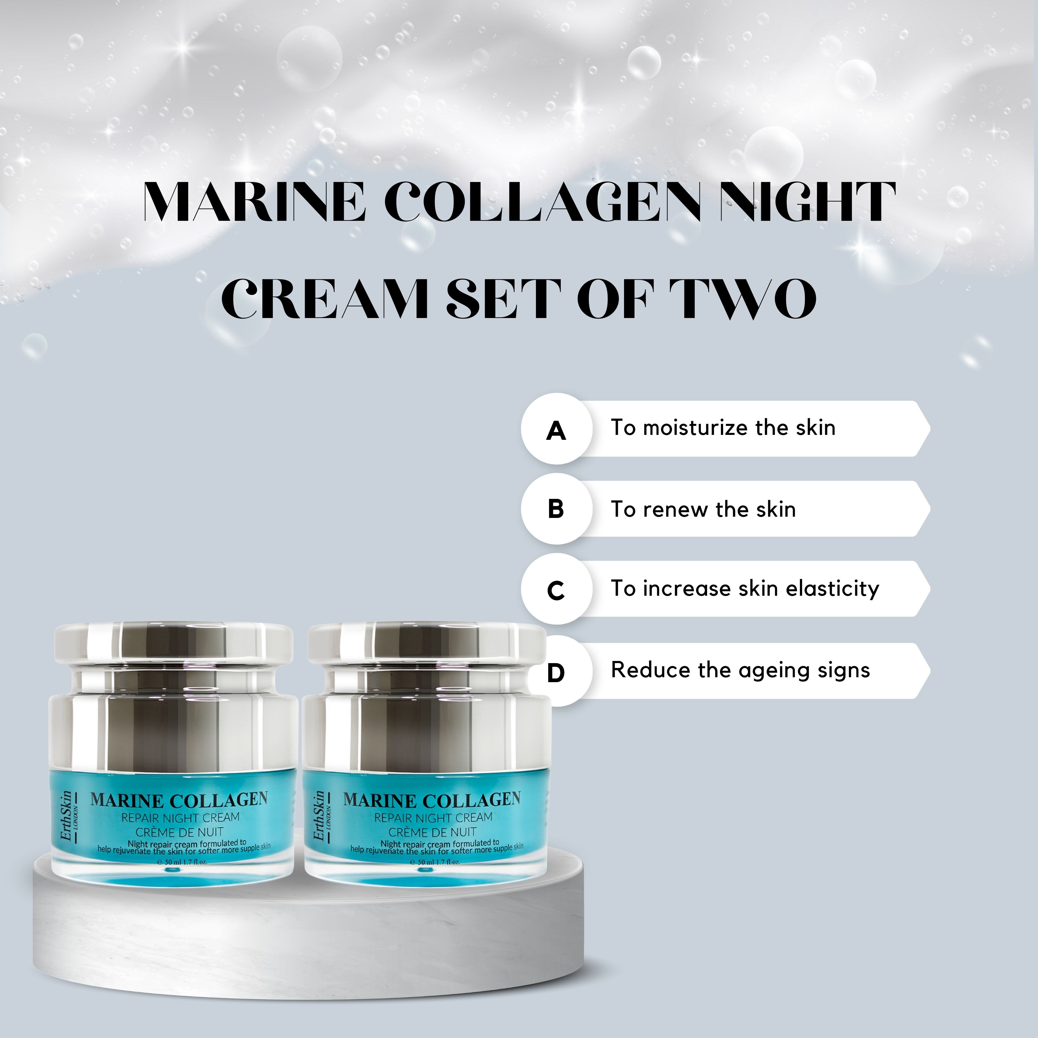 Zwei Tiegel Marine Collagen Nachtcreme. Text: Cream Set of Two. Vier Pfeile mit Funktionen. ErthSkin London.