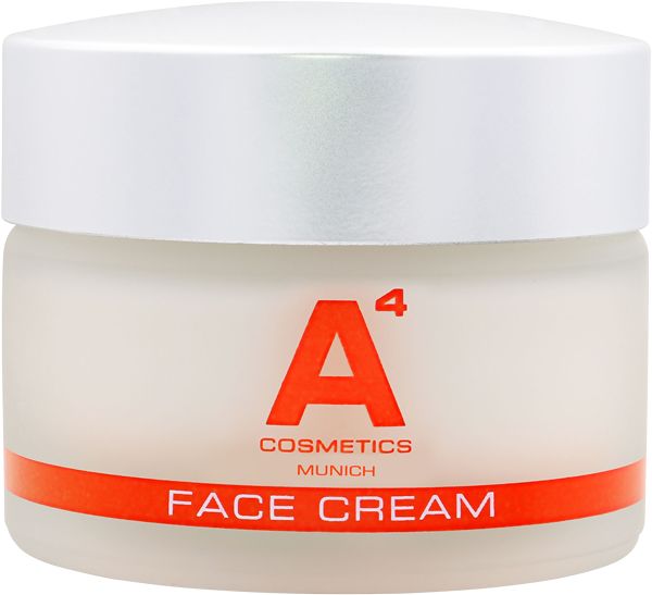 Creme-Tiegel mit weißem Deckel. Aufschrift: A4 Cosmetics, Face Cream. Orangefarbener Streifen.