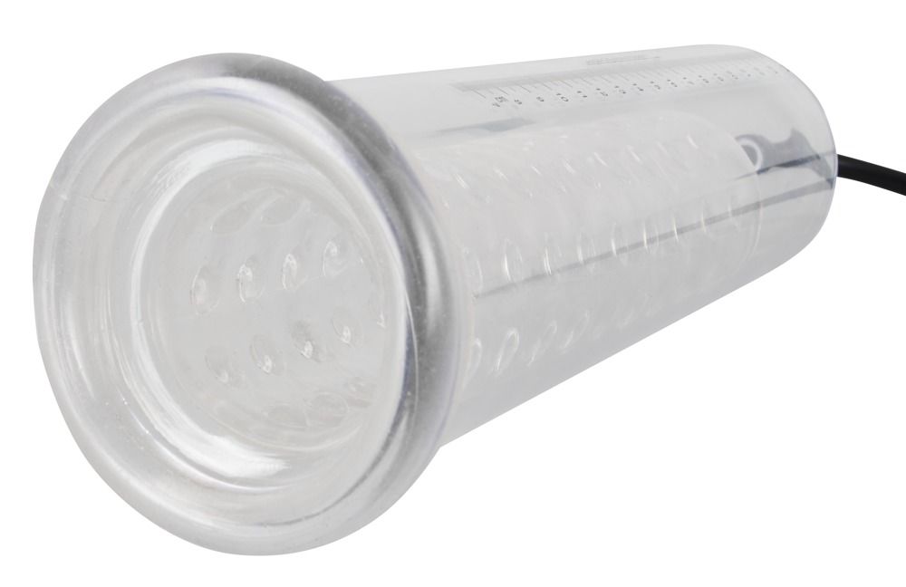 Transparenter Zylinder mit genoppter Innenhülle. Schwarzer Schlauchanschluss. Runde Basis.