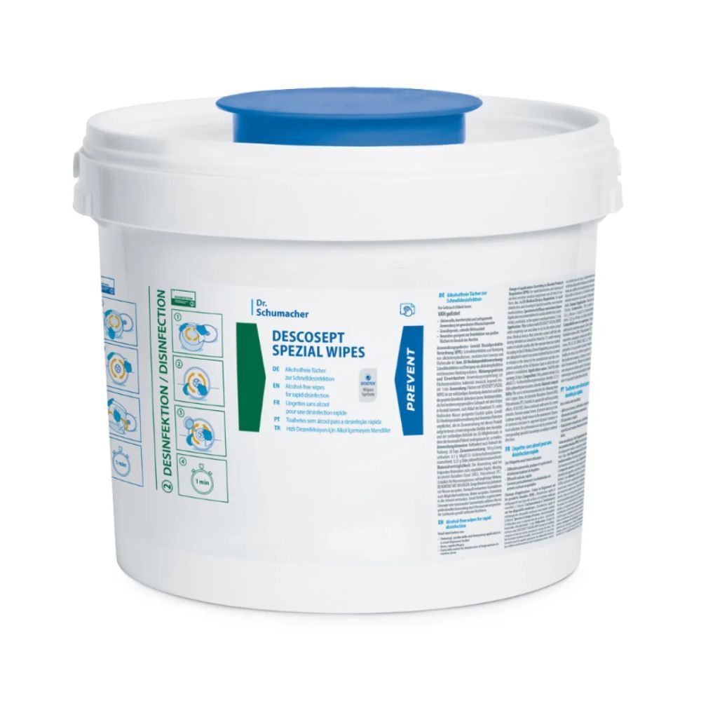 Weißer Eimer mit blauem Deckel. Aufschrift DESCOSEPT SPEZIAL WIPES. Aufkleber mit Produktinformationen und Piktogrammen.