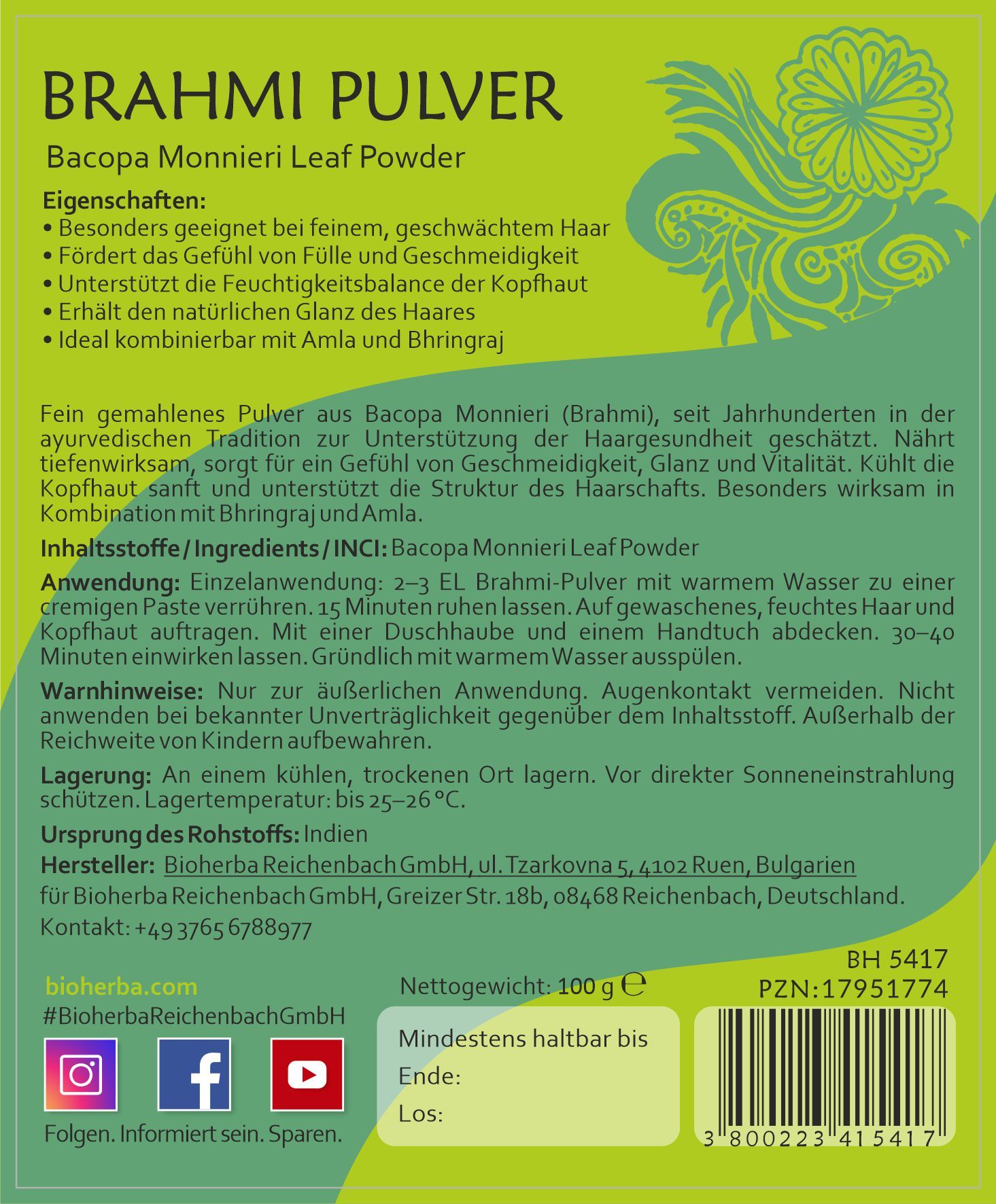 Rückseite der Beutelverpackung. Text in Deutsch. Enthält Informationen zu Inhaltsstoffen, Anwendung, Warnhinweisen, Hersteller und Mindesthaltbarkeit.