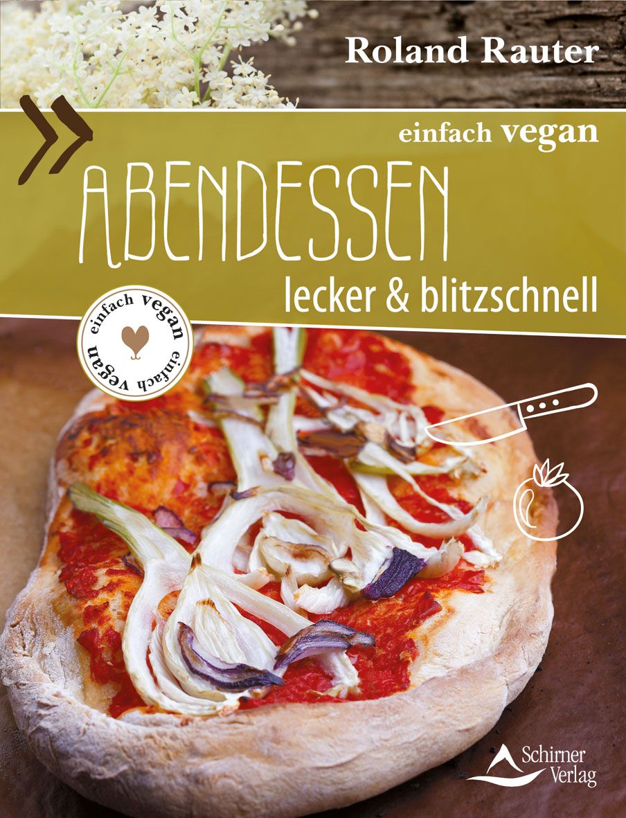 Buchcover: "Abendessen" mit Pizza. Titel, Autor und Verlag sichtbar. Vegan-Logo.