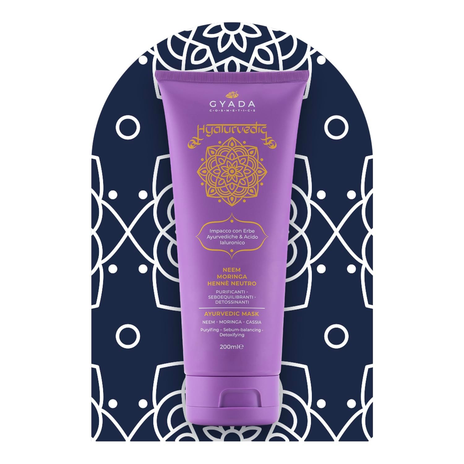 GYADA KOSMETIK Ayurvedische Maske mit Neem, Moringa, Henna Neutro in violetter Tube.