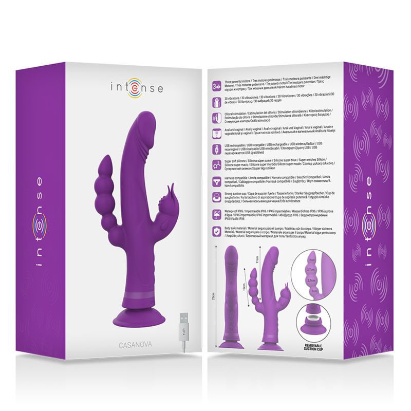 Verpackung mit lila Vibrator. Auf der Verpackung steht "Intense" und "Casanova". Das Produkt hat eine USB-Ladefunktion.