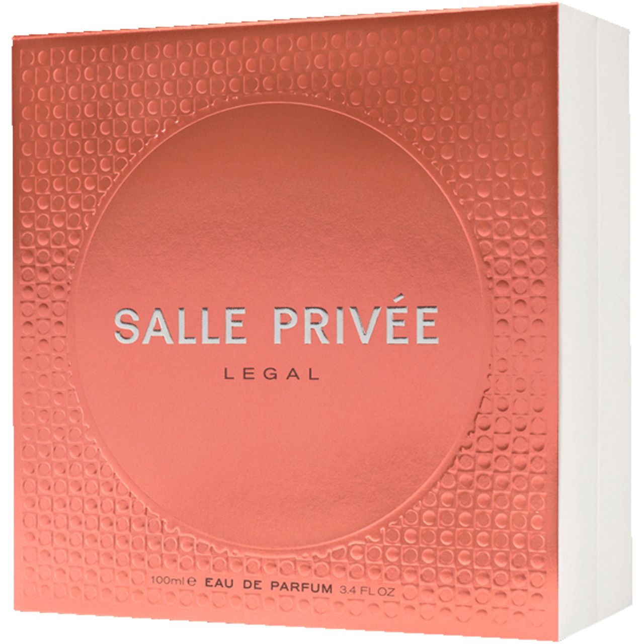 Verpackung mit SALLE PRIVEE, LEGAL. Aufschrift: 100ml Eau de Parfum, 3.4 FL.OZ. Rosa-goldene Oberfläche.