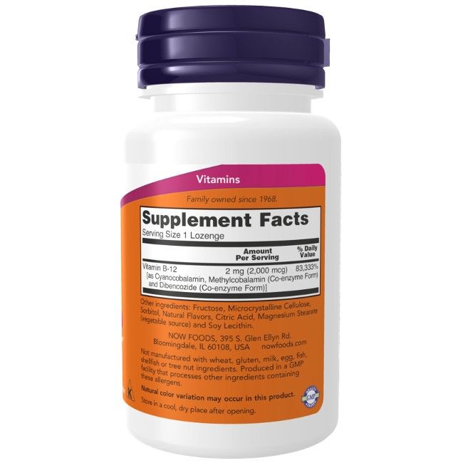 Weiße Flasche mit lila Deckel. Etikett mit "Supplement Facts" und Inhaltsangaben. Orangefarbener Streifen mit Text.