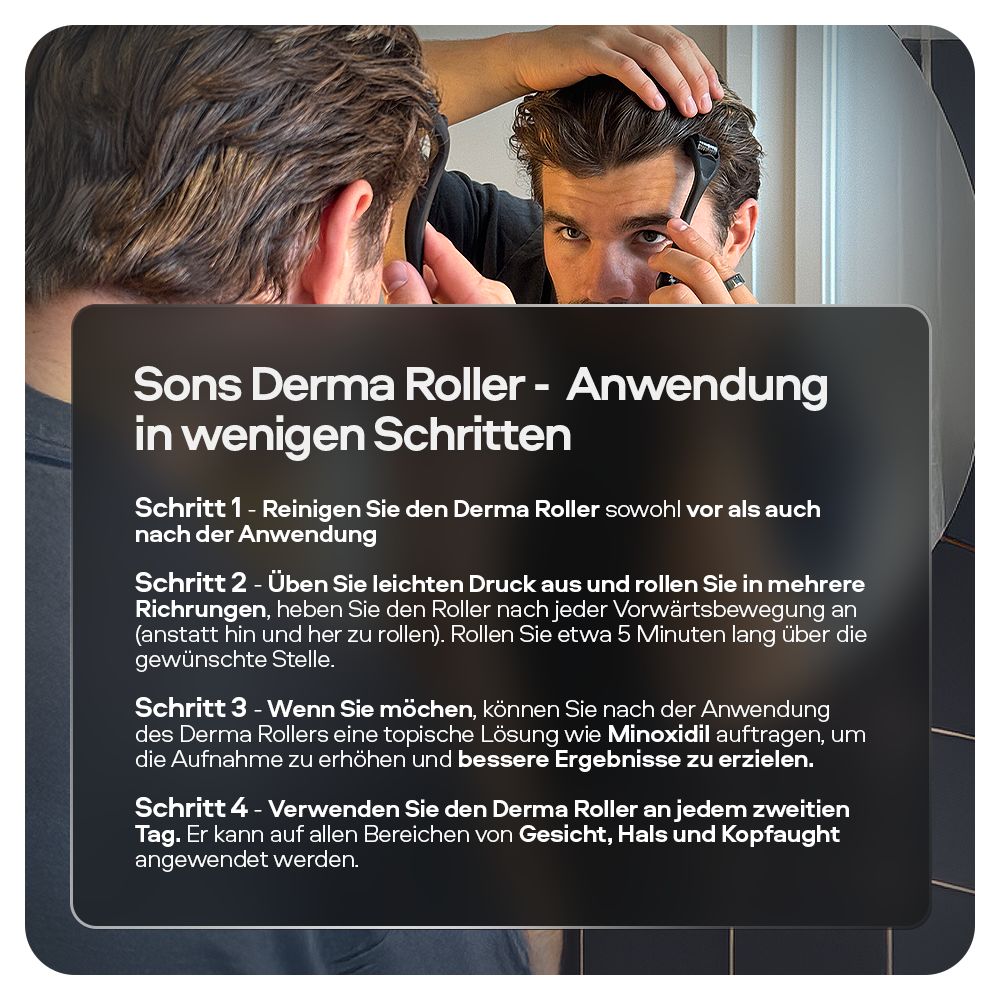 Mann im Badezimmer. Text: Sons Derma Roller - Anwendung in wenigen Schritten. Anwendungsanleitung.