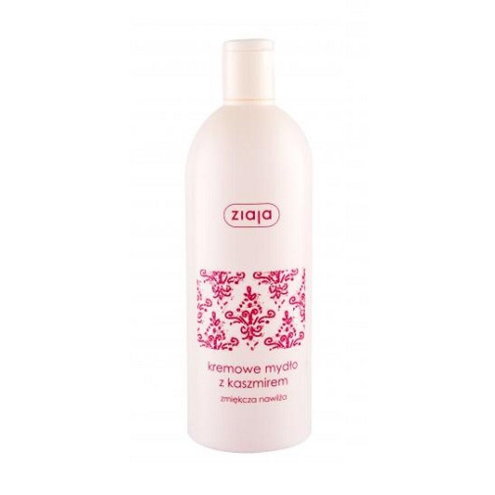Flasche Creme-Körperseife mit Kaschmir. Weißes Behältnis mit rosa Etikett und Schriftzug. Marke: ziaja.
