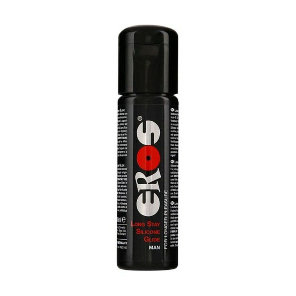 Schwarze Flasche mit rotem und weißem Logo. Text: EROS, Long Stay Silicone Glide, MAN. Mit Klappdeckel.