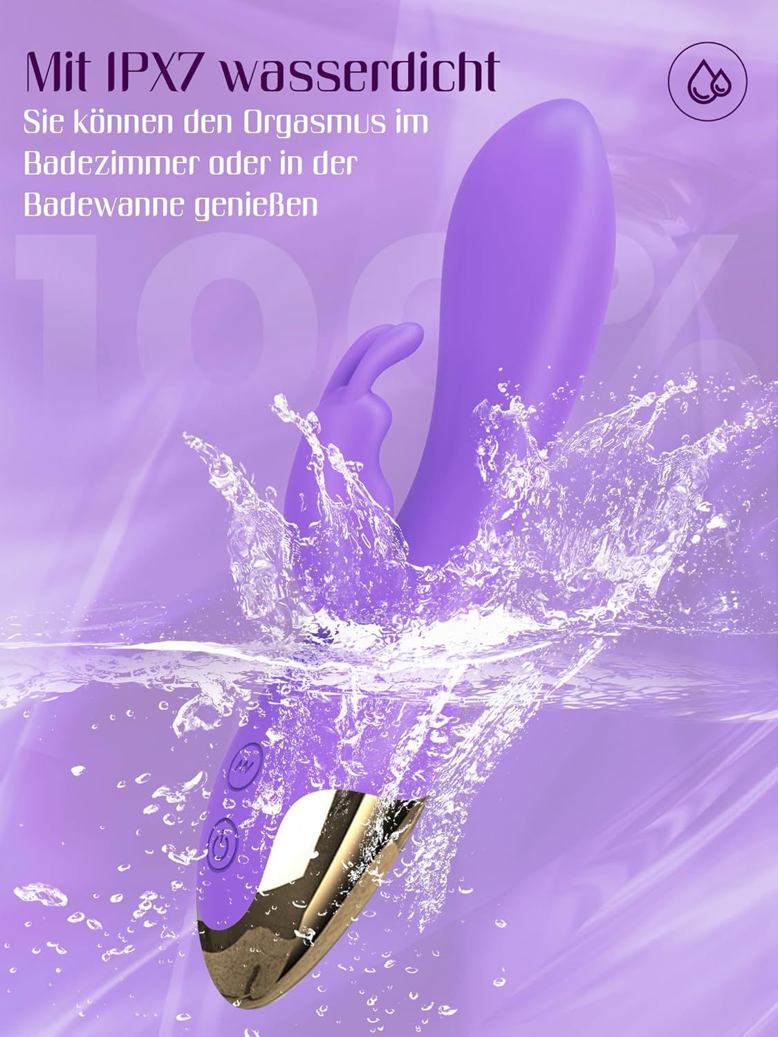 Lila Vibrator mit IPX7 Wasserdichtigkeit, teilweise unter Wasser mit Spritzern.