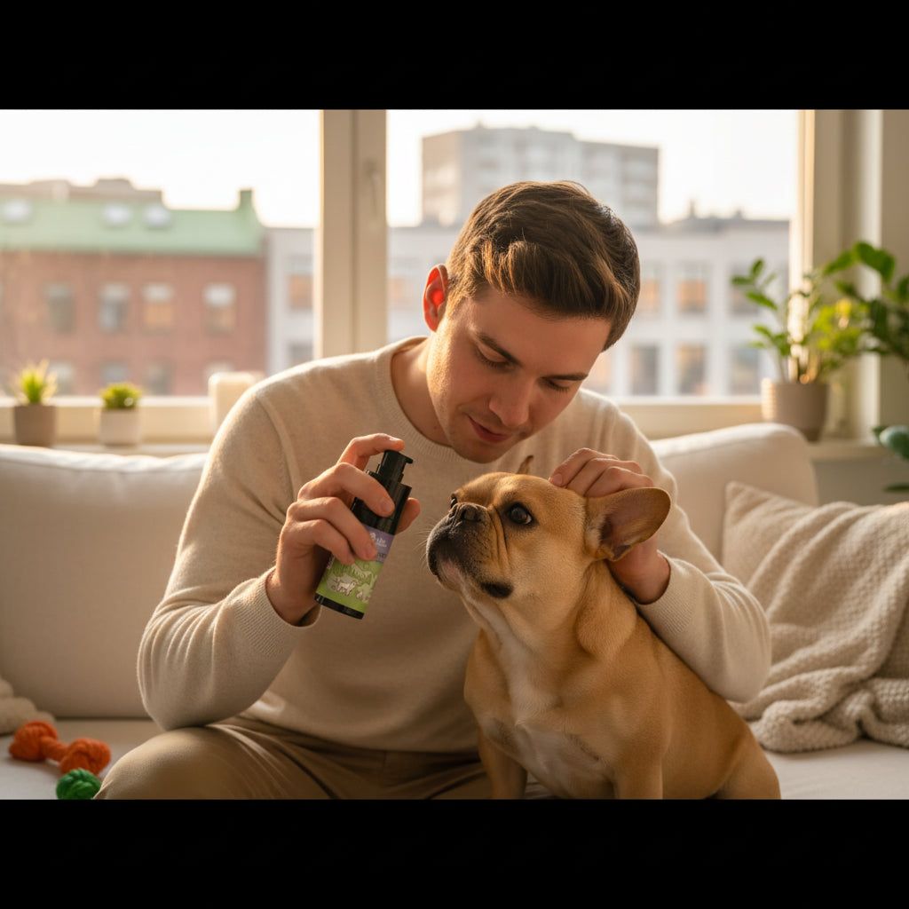 Mann sprüht Nasenbutter auf Hund. Der Hund sitzt auf dem Sofa. Wohnzimmerhintergrund.